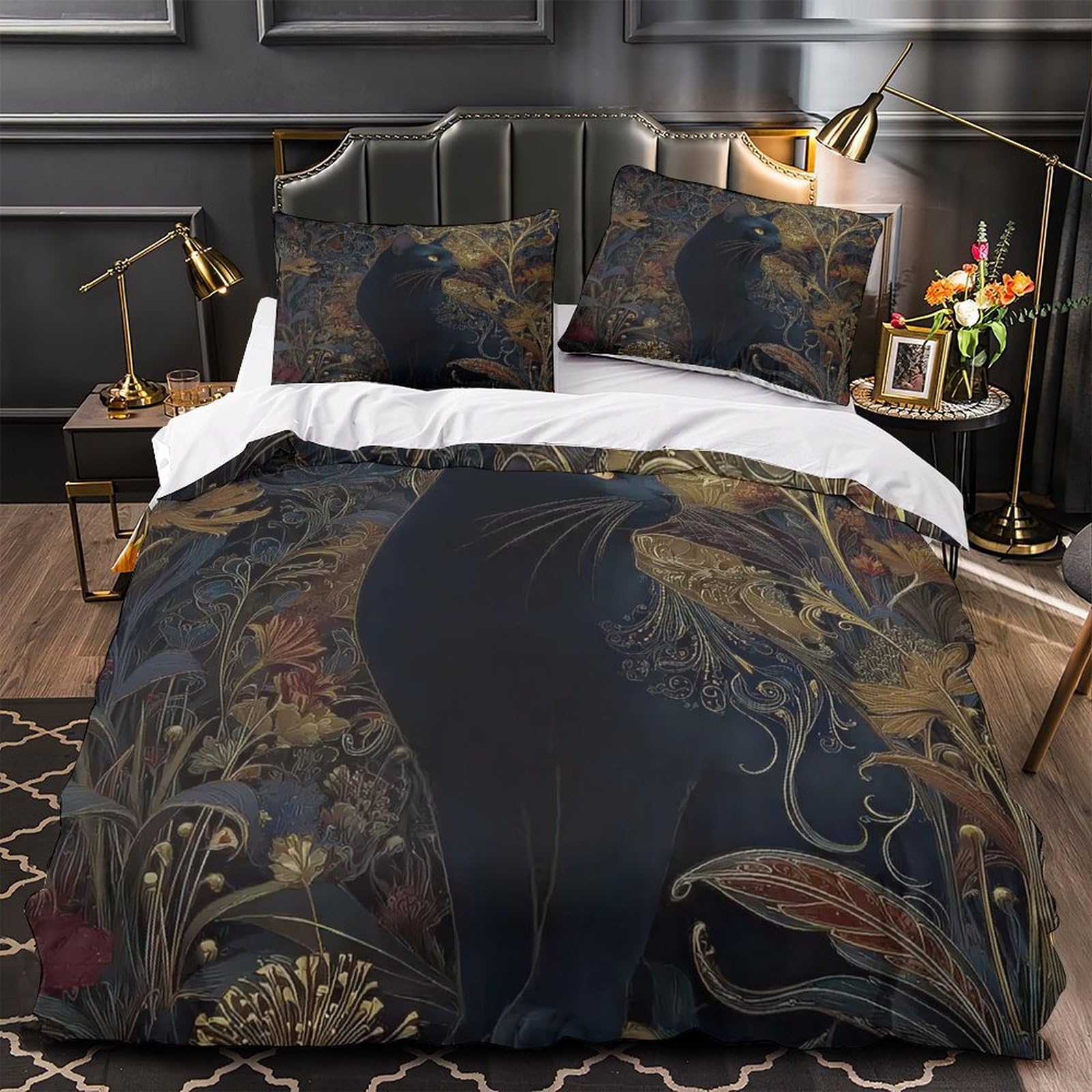 Housse de Couette Chat Noir 140x200cm avec Motifs Floraux pour Lit Enfant