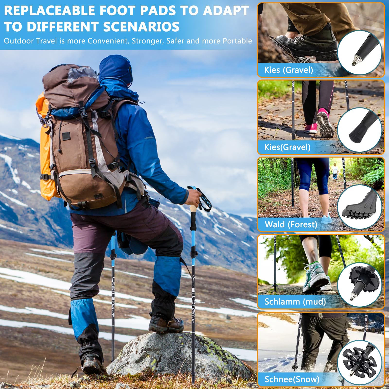 Bastoni Trekking Bastoncini da Trekking, 2 Pezzi Nordic Walking Bastoncini Pieghevole Regolabile 108-135cm, Bastoncini Trekking Carbonio Alluminio 7075 con 5 Paia di Puntali in Gomma