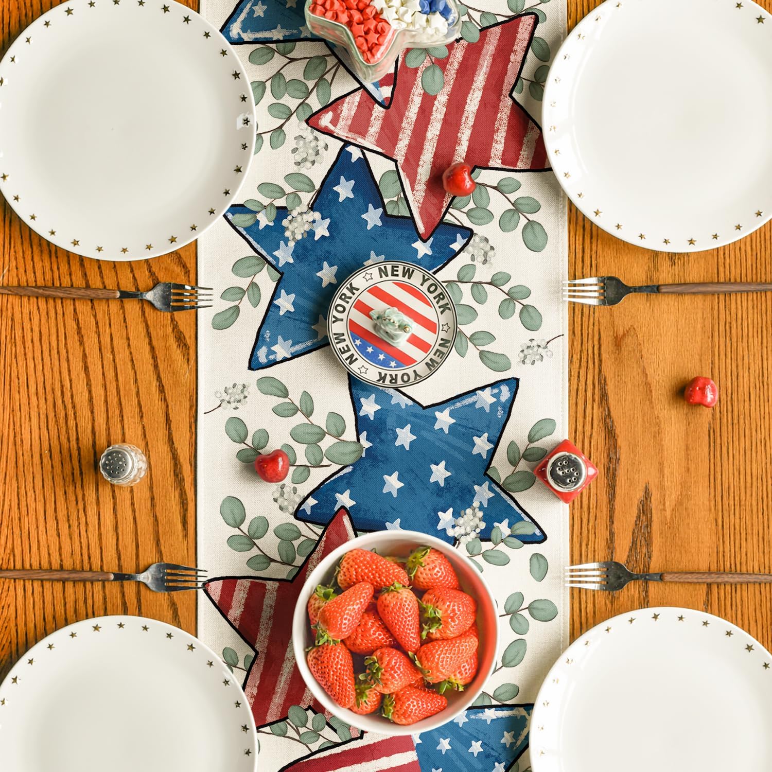 Artoid Mode American Flag Stars Eucalyptus 4th of July Table Runner, Memorial Day Kitchen Dining Table Decoration for Home Party Decor 13x72 Inch