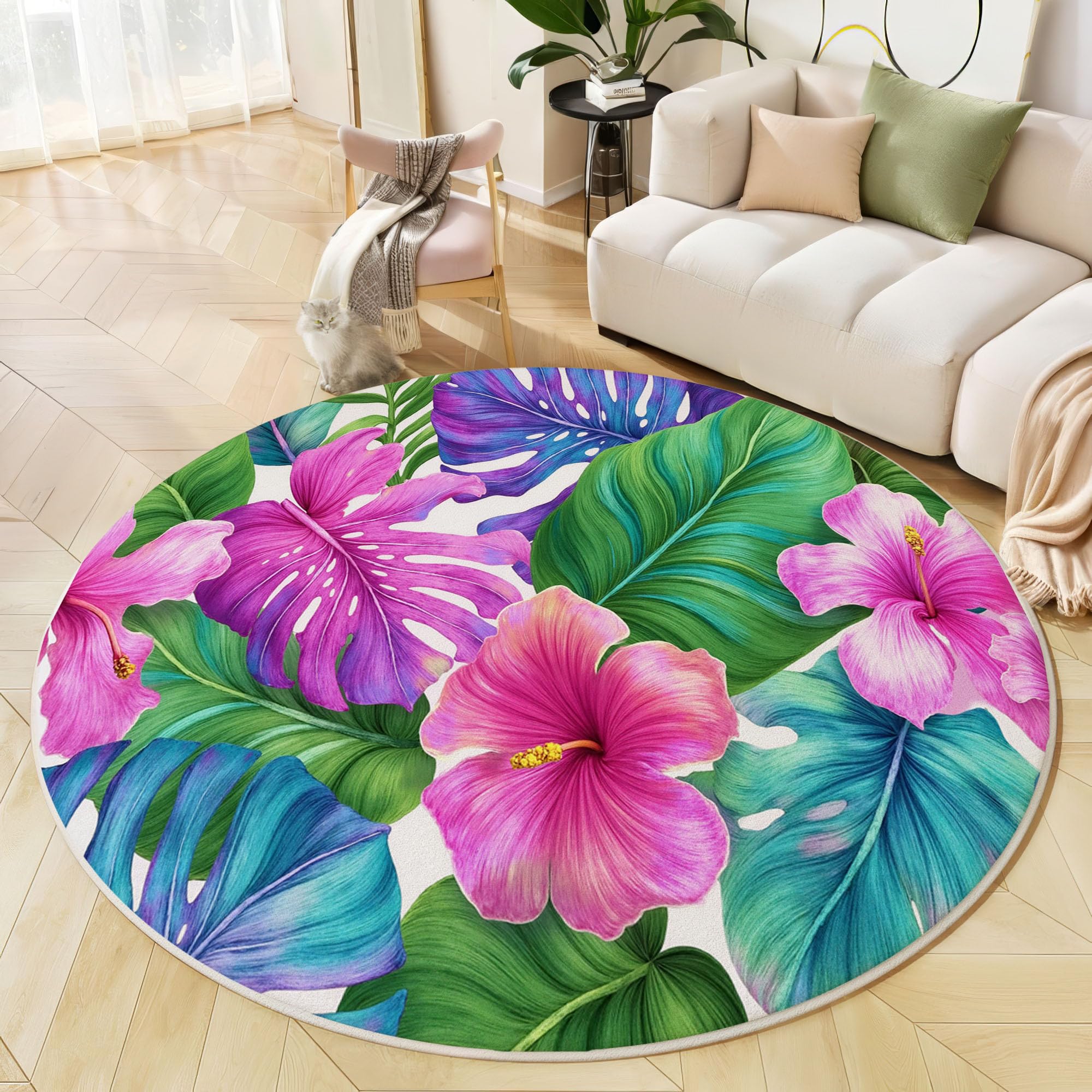 Tapis Rond Doux Fleurs Exotiques À Feuilles 120 Cm Grand, Lavable Machine Tapis Rond À Poils Courts Antidérapant Plantes Tropicales Rose Vert Pour Salons Chambres À Coucher Chambres D'Enfants
