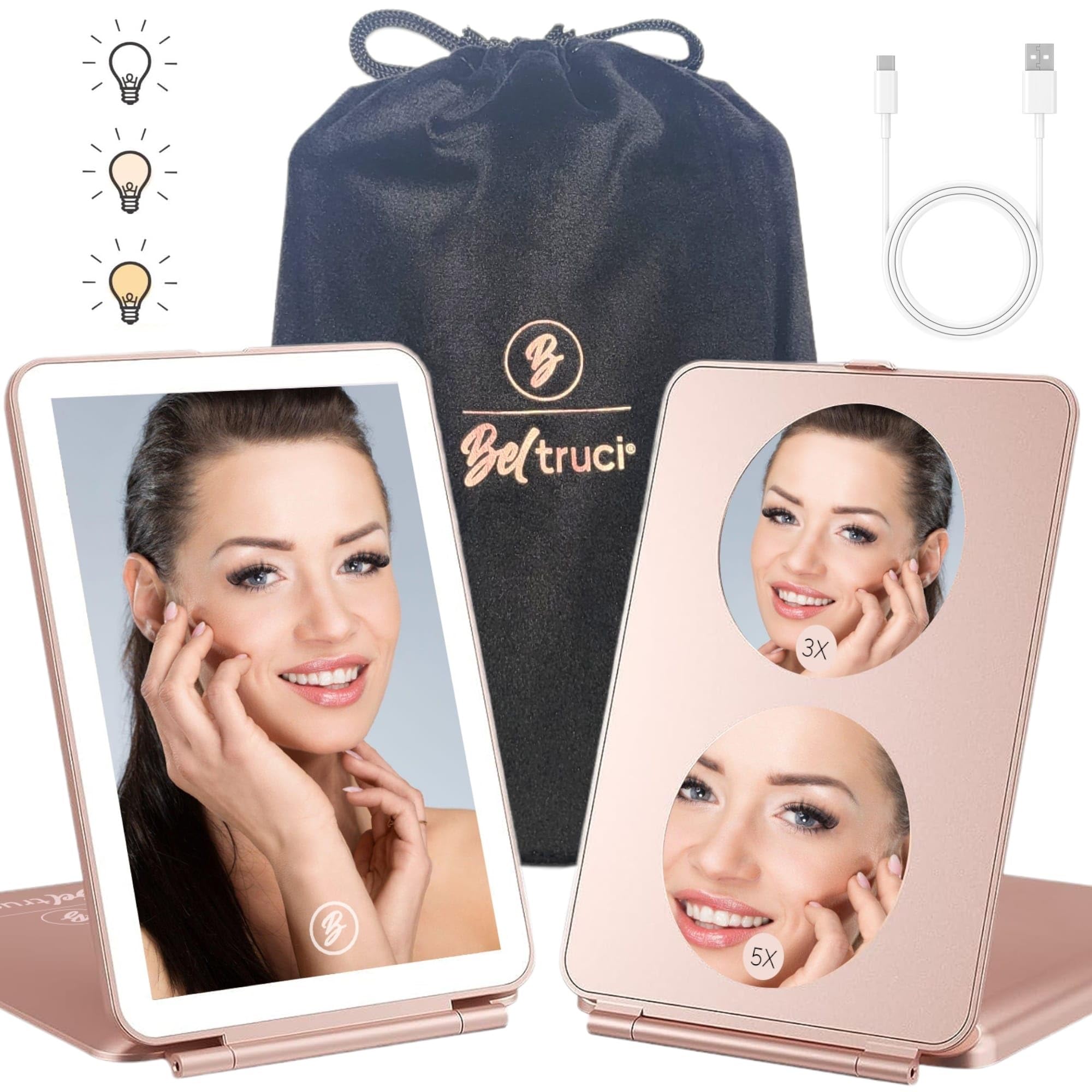 Reise-Make-up-Spiegel mit Lichtern – Rotgold, wiederaufladbarer LED-Leucht-Spiegel für Make-up mit 1X/3X/5X Vergrößerung – dimmbar, 3 Farben Beleuchtung, Touchscreen, tragbarer Spiegel mit
