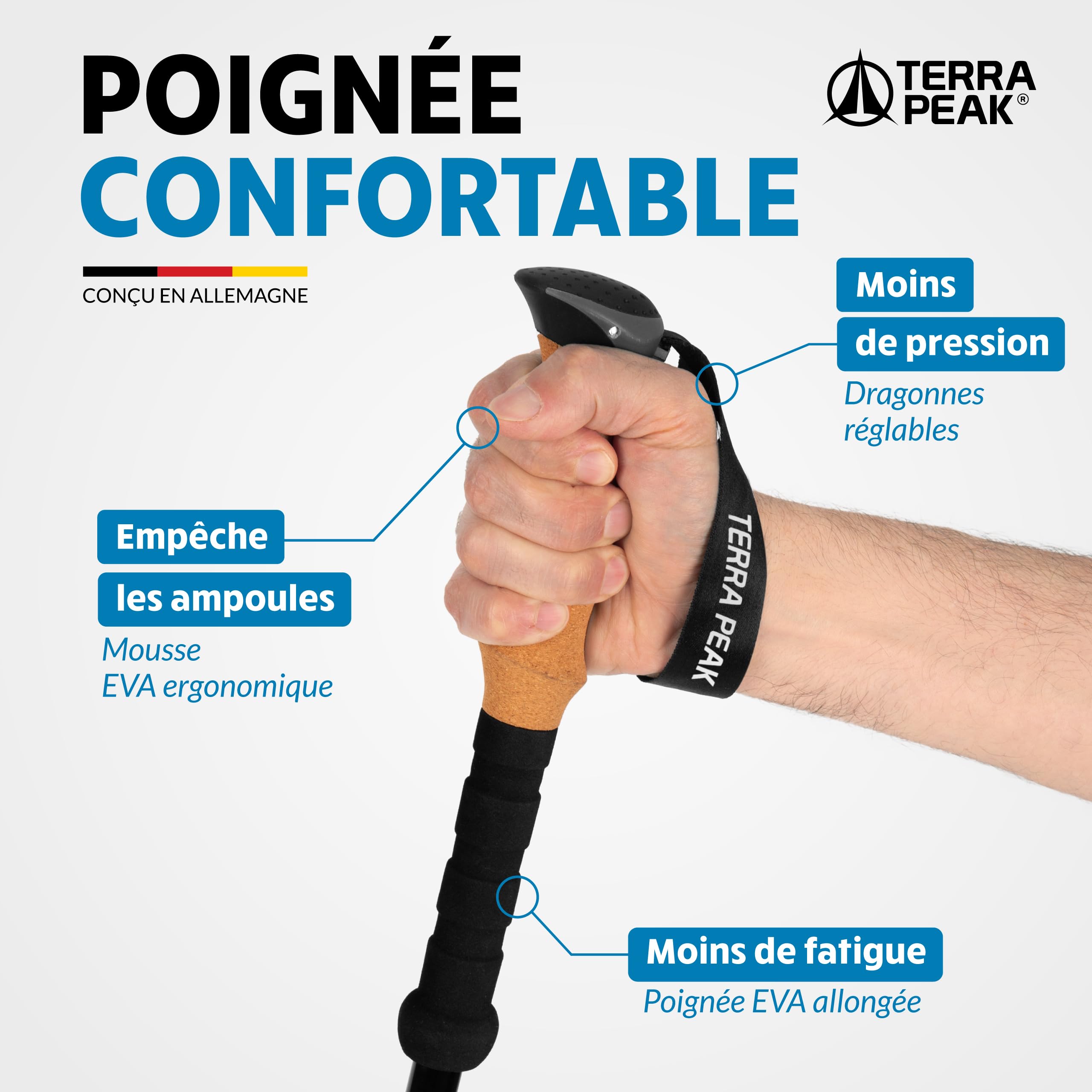 Terra Peak® Bâtons de Marche et Randonnée télescopiques (Pliables, Extensibles, réglables, légers) - Canne et Randonnee pour Trekking, Nordique Walking, Trail Running, Montagne Femme et Homme