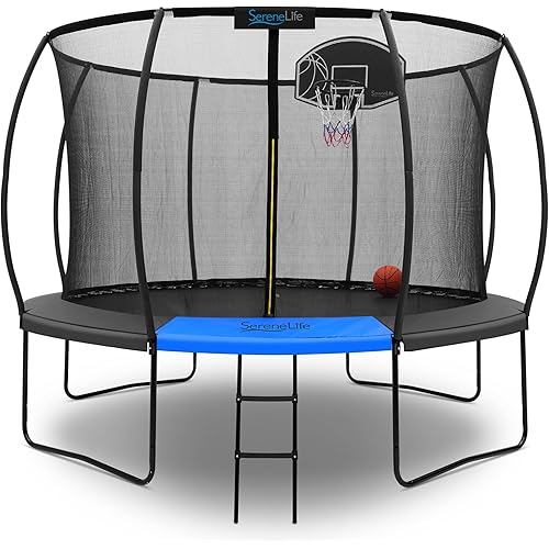 SereneLife 8FT 10FT 12FT 14FT Outdoor Trampoline for Kids - Recreational Backyard Trampoline with Curved Safety Poles and Net Enclosure- ASTM Approval for Kids Adults
