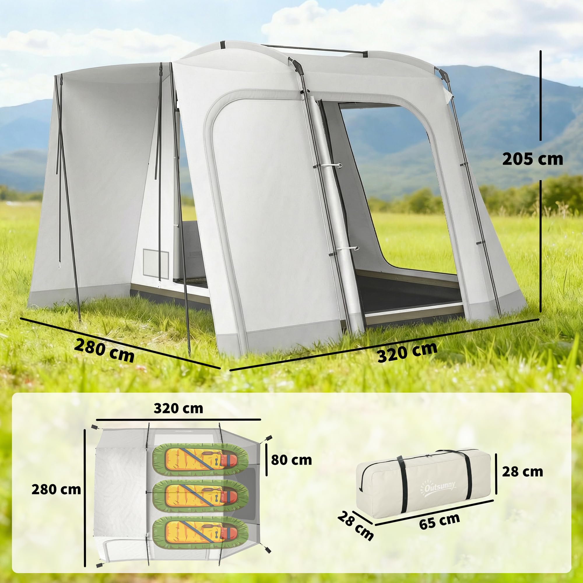 Outsunny Tente arrière pour 2 à 4 personnes - 320 x 280 x 205 cm - Tente de voiture 2 en 1 - Tente tunnel étanche avec 4 portes - Fenêtres - Auvent - Bâche de sol - Sac - Tente de voiture - Tente