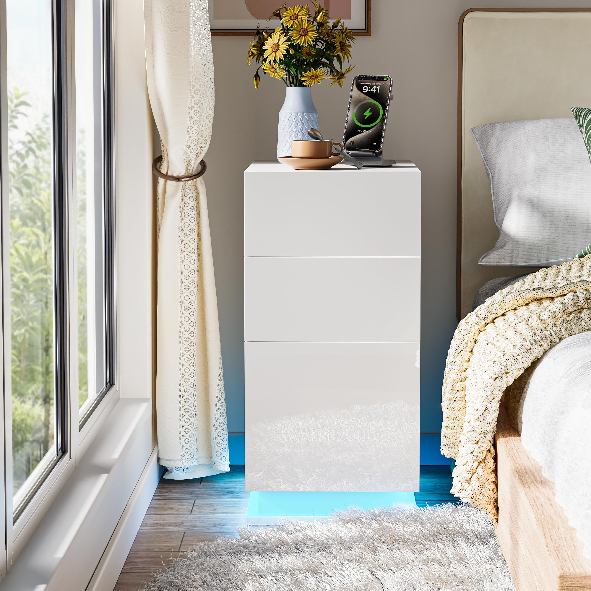 Ztexkee Slim Bedside Table with Power Socket Narrow Side End Tables with RGB light, 3 Drawers, 2 AC Outlets and 2 USB Ports, 30x50x63 cm Bedside Tables for Bedroom Living Room White โ image 1