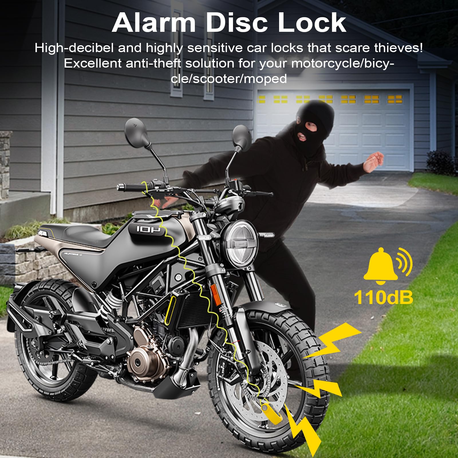 Vemfay Candado Moto Disco con Alarma 110 DB, Candado de Freno de Disco con Cable de Recuperación de 1,2 m, Candado de Alta Seguridad para Moto, Ciclomotor, Bicicleta, Scooter