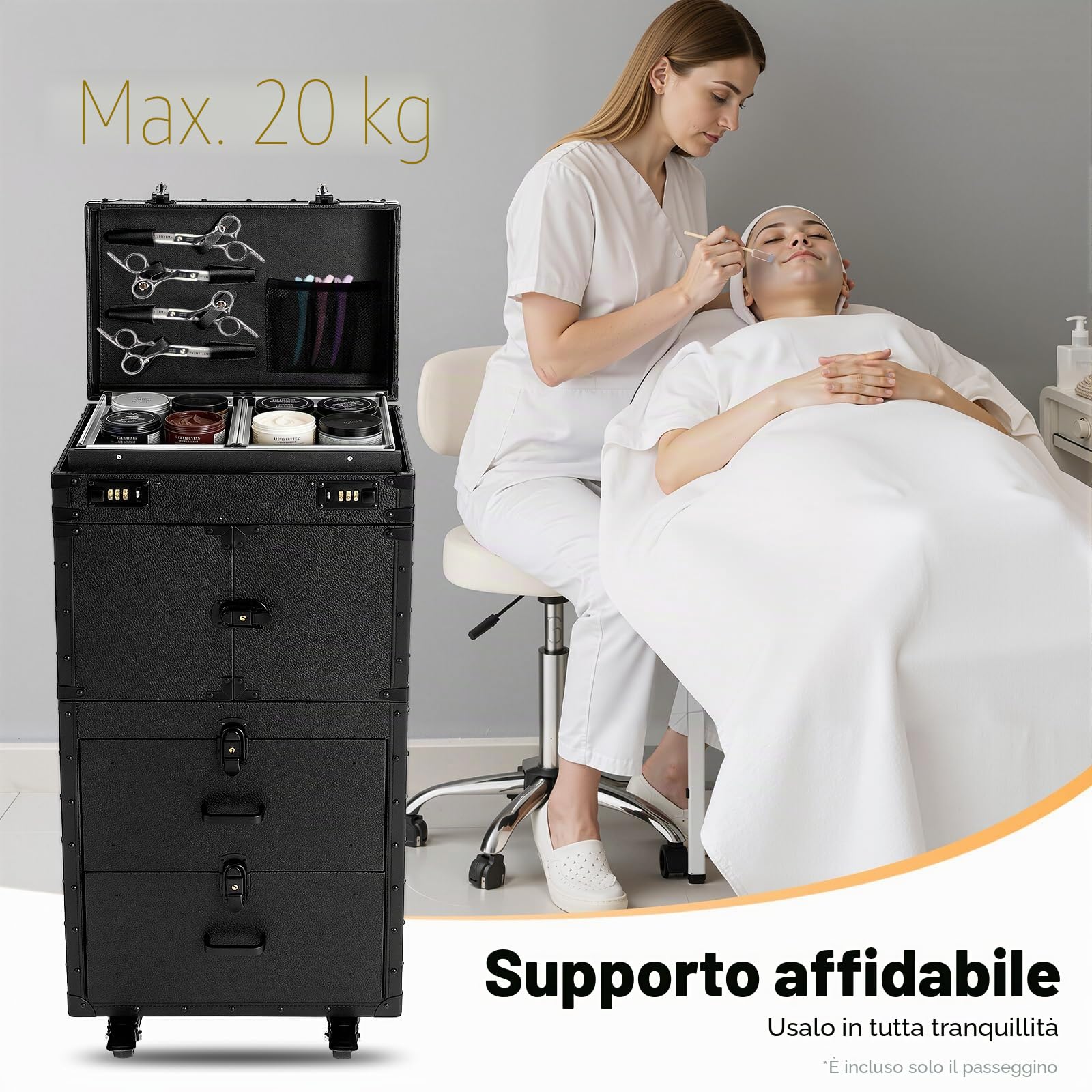 Valigetta per trucchi, trolley 4 in 1, con ruote e 2 cassetti, con serratura, 38 x 25,5 x 82 cm, per trucchi