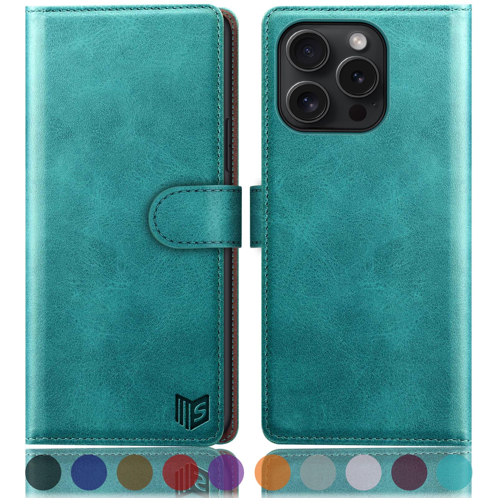 SUANPOT Funda para iPhone 16 Pro MAX 6.9" con Tapa【Bloqueo RFID】de Cuero PU Cierre Magnético，Soporte Plegable，Ranura para Tarjeta Cover para Apple 16 Pro MAX Phone Case Azul Verde