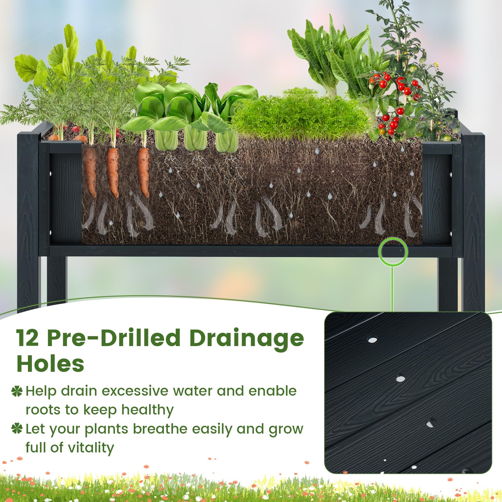 RELAX4LIFE Jardinera elevada con bandeja de almacenamiento y 12 agujeros de drenaje, jardinera con patas, jardinera para jardín, balcón, terraza, 86 x 45 x 73 cm, color negro, KX8556LWDE