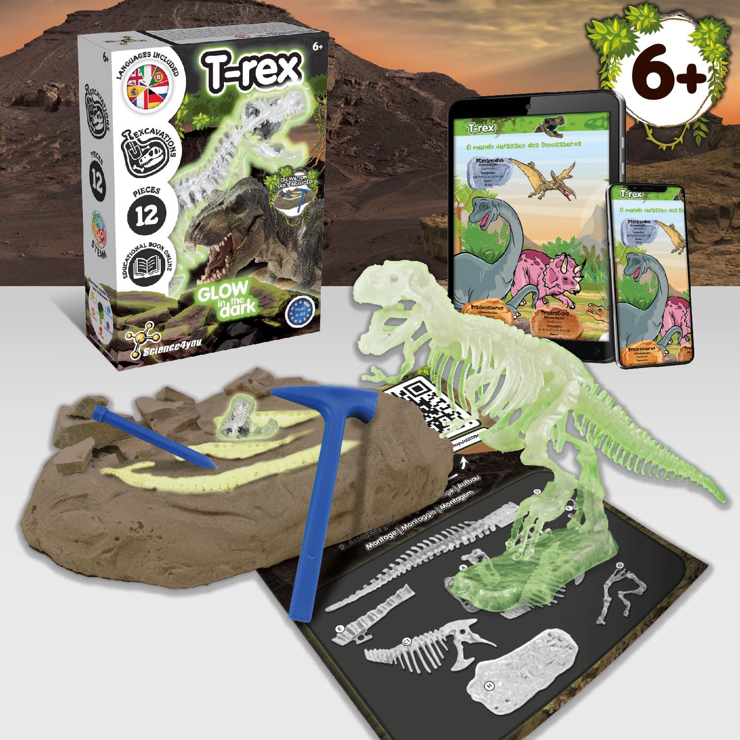 Science4you Kit Dinosauri T-Rex - Fossili da Scavare Che Si Illumina al Buio, Gioco di Dinosauro per Bambini +6, Dinosauro Giocattolo da Construire, Giochi, Regalo per Bambino y Bambina 6+ Anni