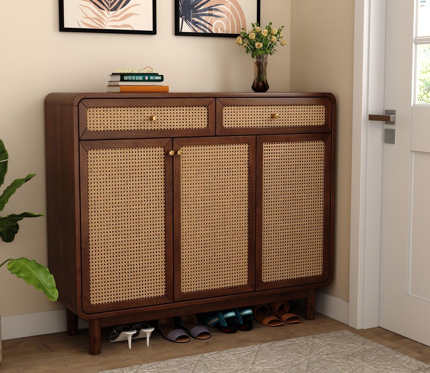 Rattan Cane Shoe Cabinet with Drawers, Walnut Brown, Mango Wood, Mid-Century Modern, 119x38x102 cm-image-8
