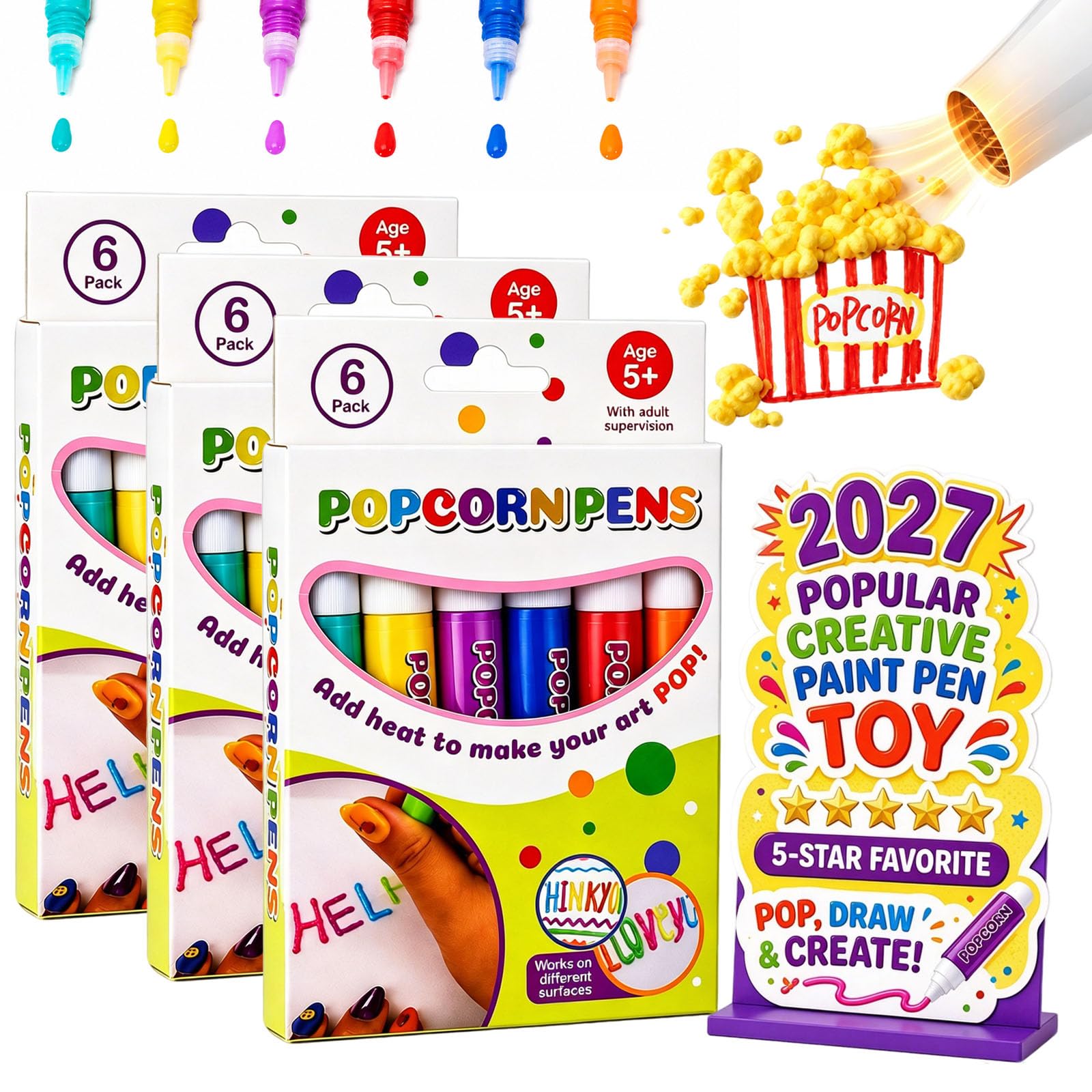 pluffy Magic Popcorn Pen, DIY Bubble Popcorn Drawing Pens, 3D Puffy Embellish Decorate Graffiti Stationery for Greeting Birthday Cards Kids Christmas (6-colors-3pcs)