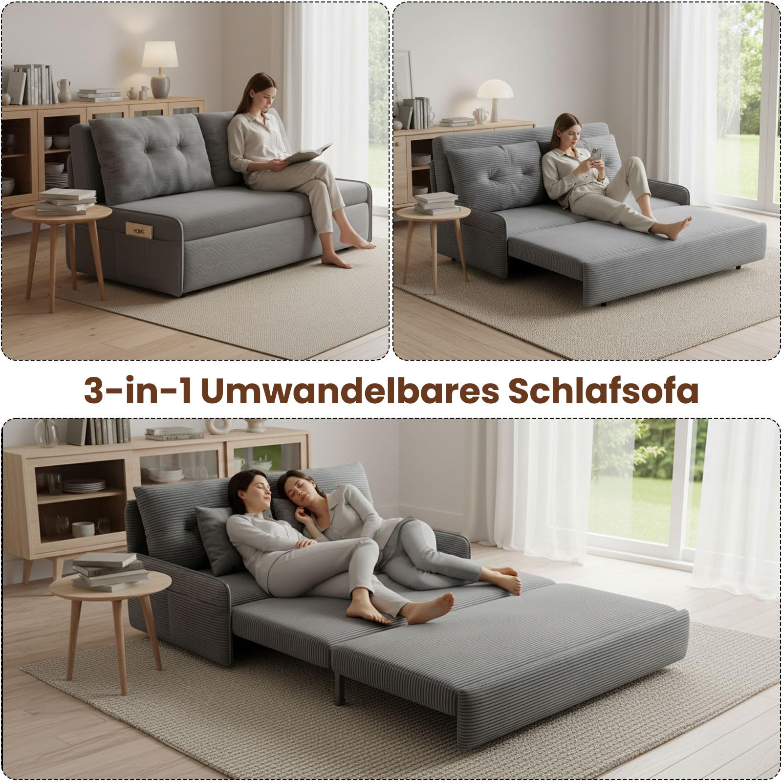 3-in-1 Schlafsofa, 2-Sitzer Sofa mit Schlaffunktion, Kordsamt Schlafcouch