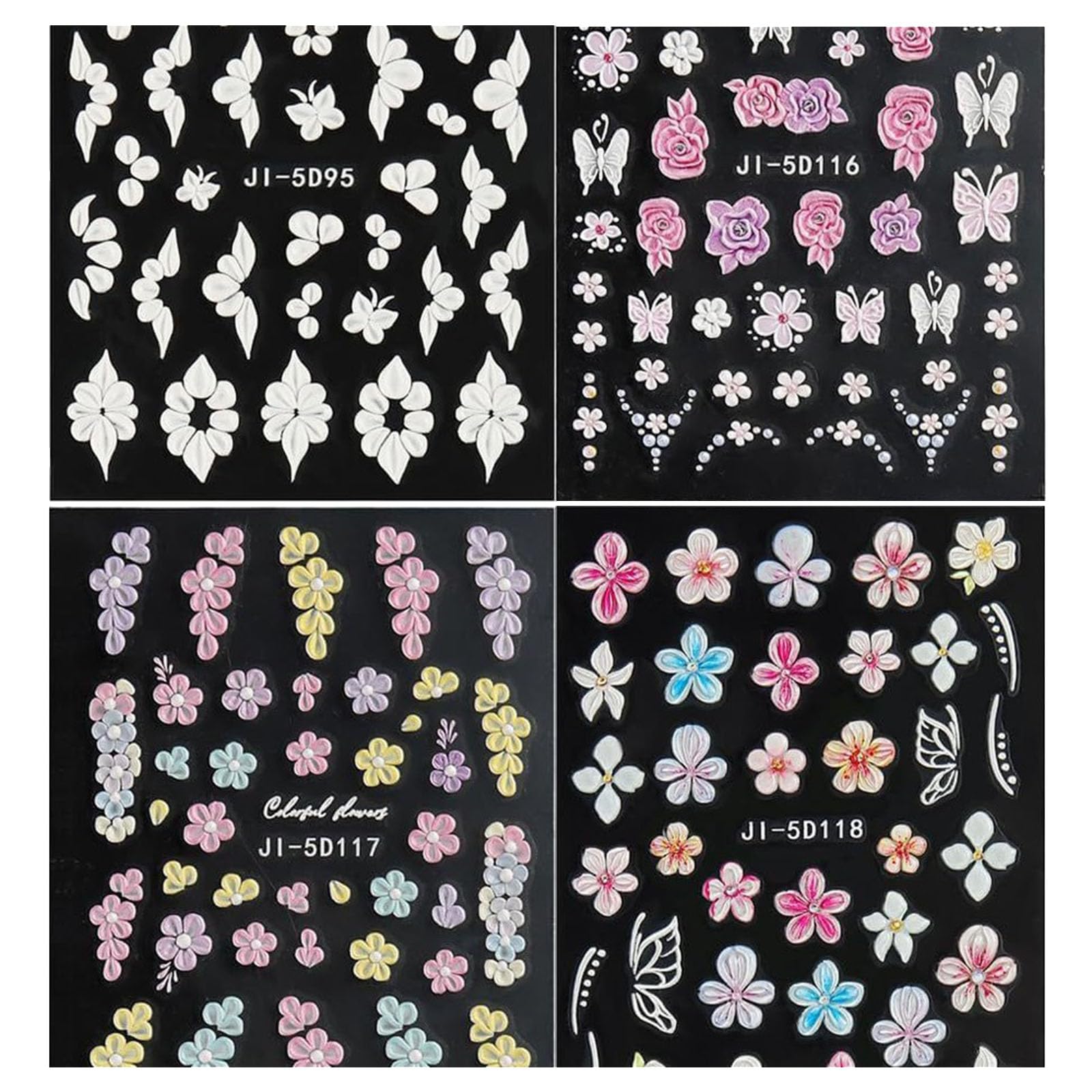 4 Sheets Nails Art Stickers Flowers Nails Sticker Sweet Decals Adhesive Sticker Art Decorations