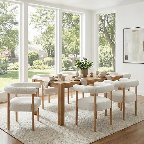 Miniatura 3 de Sillas de comedor blancas de bouclé, juego de 6, sillas de comedor tapizadas modernas, sillas de cocina y comedor con respaldo curvo, sillas de