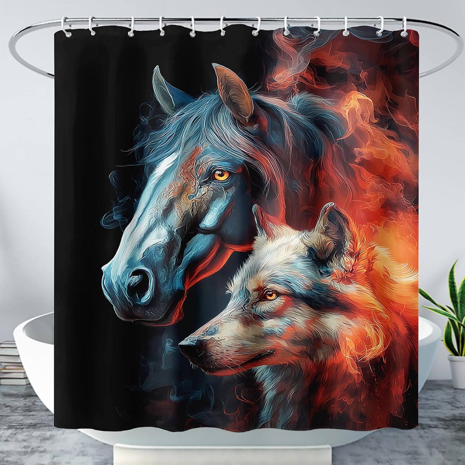 AILONEN 3D Horse and Wolf Print Shower Curtain Set,Western Wild Animals Bathroom Curtains,Wildlife Waterproof Shower Curtain with Hooks,72" Wx72 H