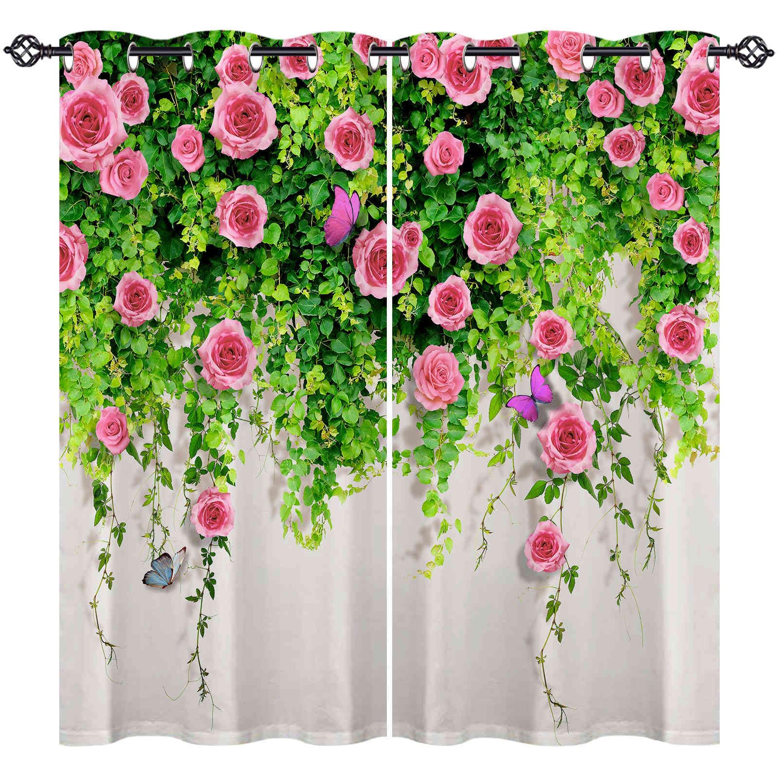 ANHOPE Rose Curtains Eyelet Thermal Insulated Blackout Curtains Pink Rose Leaf Butterfly Print Pattern Ring Top Drapes for Kids Girls Bedroom Living Room 42 x 63 Inch Drop 2 Panels โ image 1