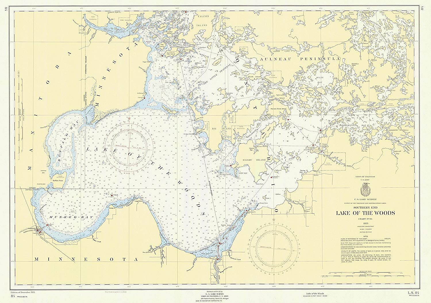 Lake of The Woods Historical Map 1955 - Vintage Map Reproduction - Nautical Decor - Wall Art (36"x48")