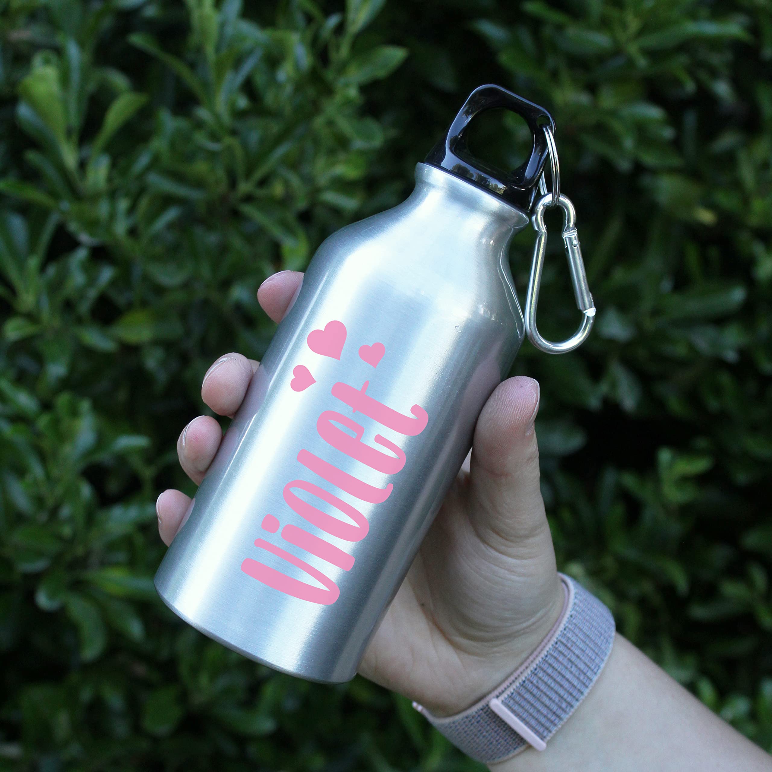 eBuyGB Personalised Kids Water Bottle with Carabiner Clip for School, Nursery - Reusable BPA Free 400ml Metal Drinks Bottle for Children - Any Name (Silver)