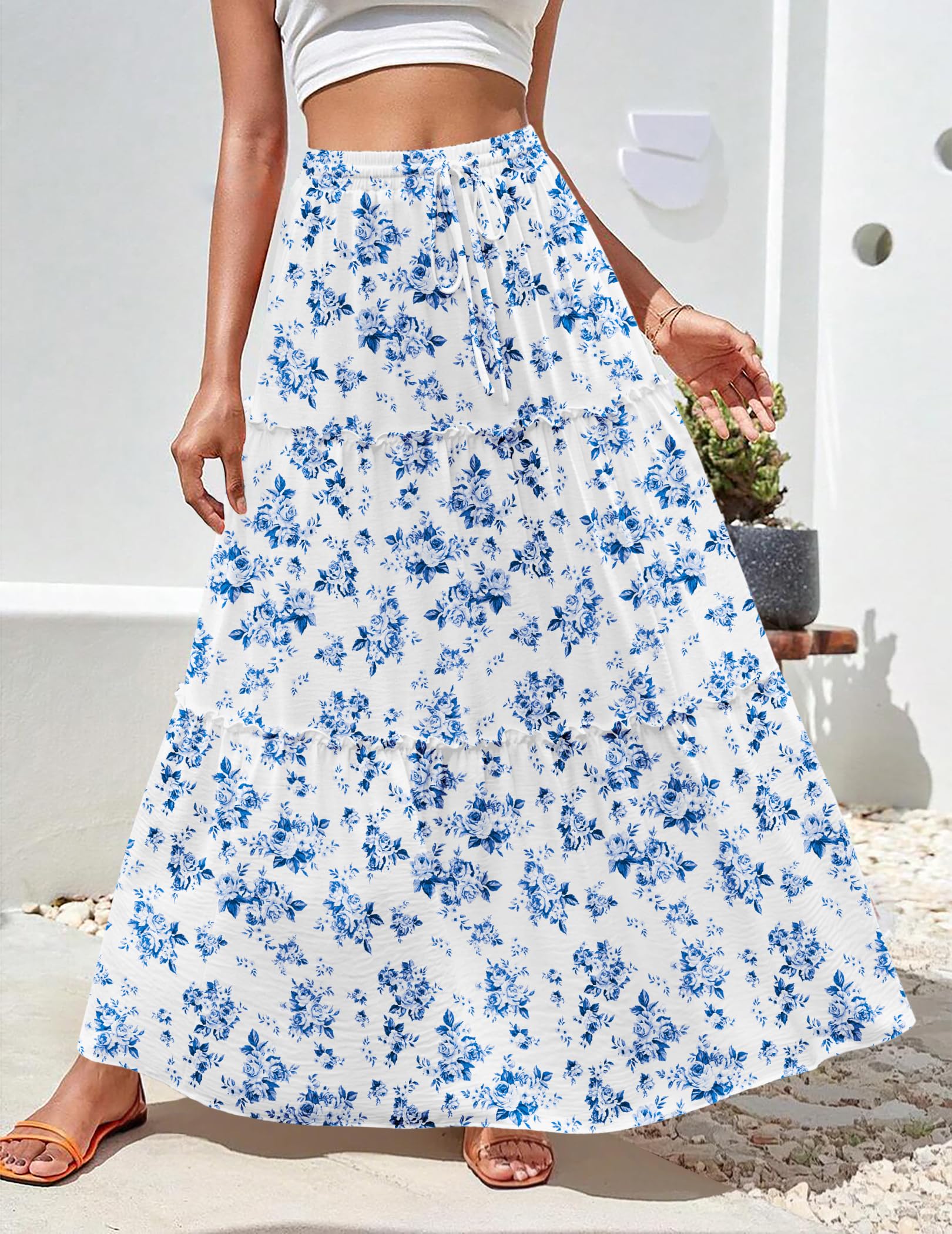 HOTOUCH Damen Röcke Elegant Maxirock Elastische Hohe Taille Langer Rock mit Taschen Casual Sommer A Linie Röcke für Frauen UK Boho Urlaub Strand Rock
