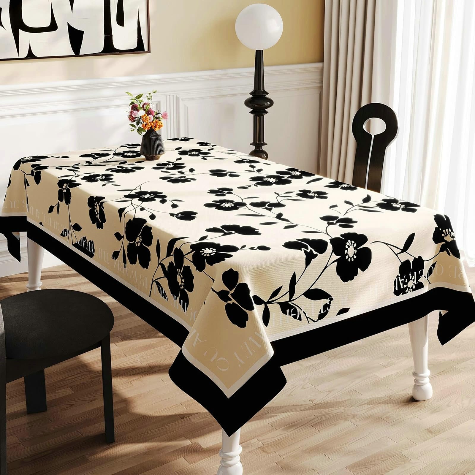 Mantel rectangular para mesa, diseño de flores, color beige y negro, PVC, 100 x 160 cm