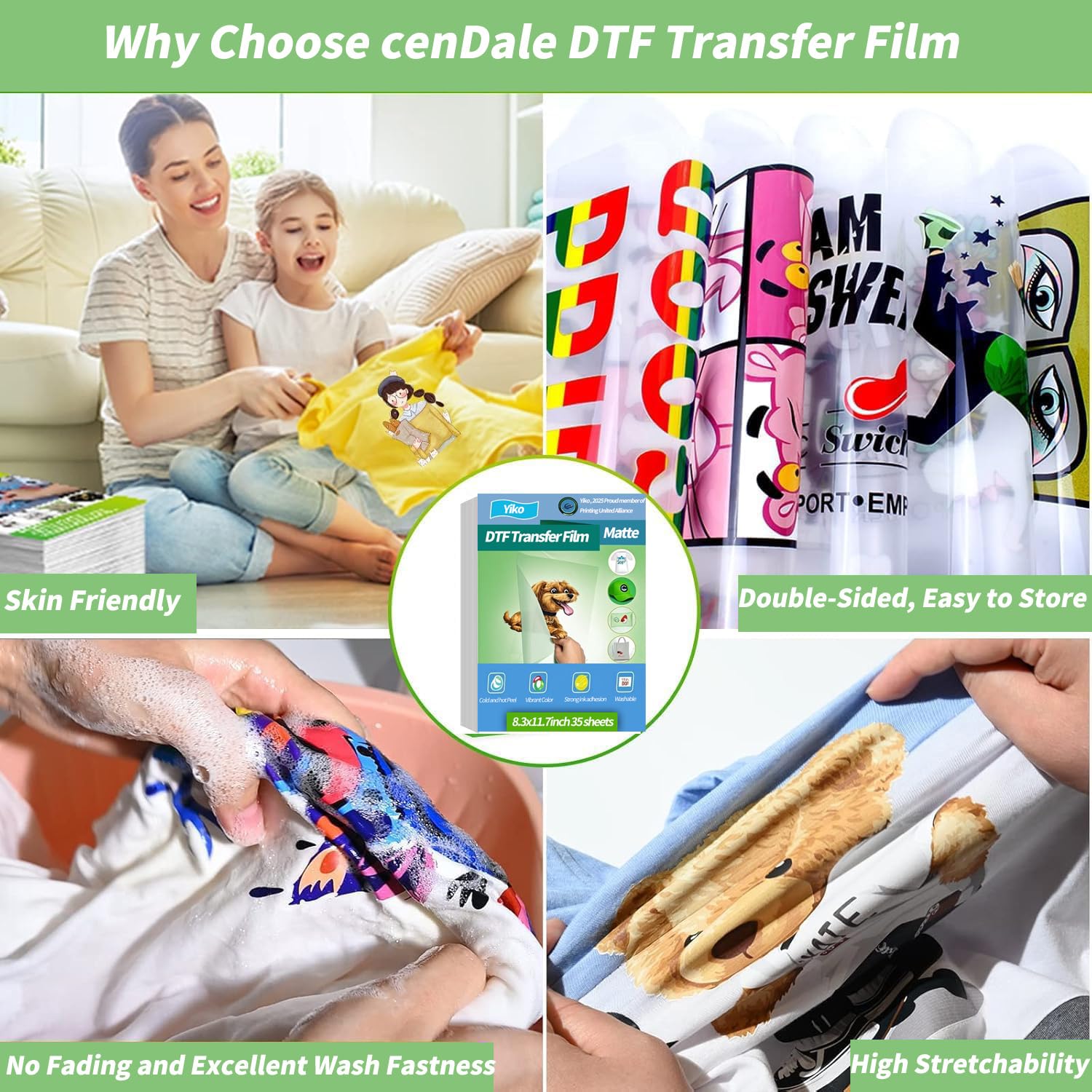 Yiko DTF folia transferowa zestaw papierowy, 35 arkuszy A4, Premium DTF zestaw folii transferowej - 300 g, biały cyfrowy proszek DTF do bezpośredniego druku na koszulkach
