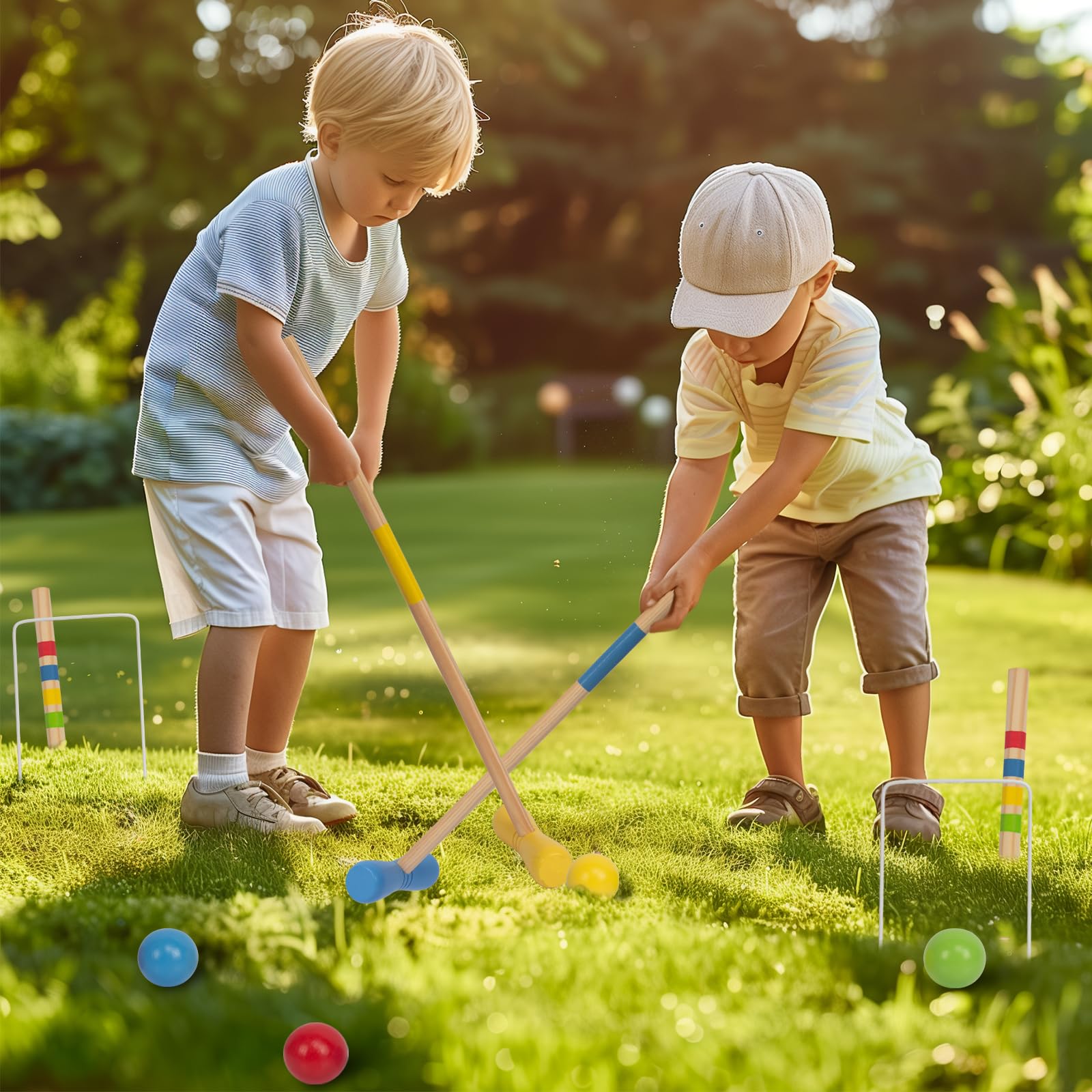 WOODENFUN Jeu de croquet en bois pour 4 joueurs, enfants, adultes, extérieur, jeu de croquet amusant pour garçons et filles à partir de 3 ans (diverses)