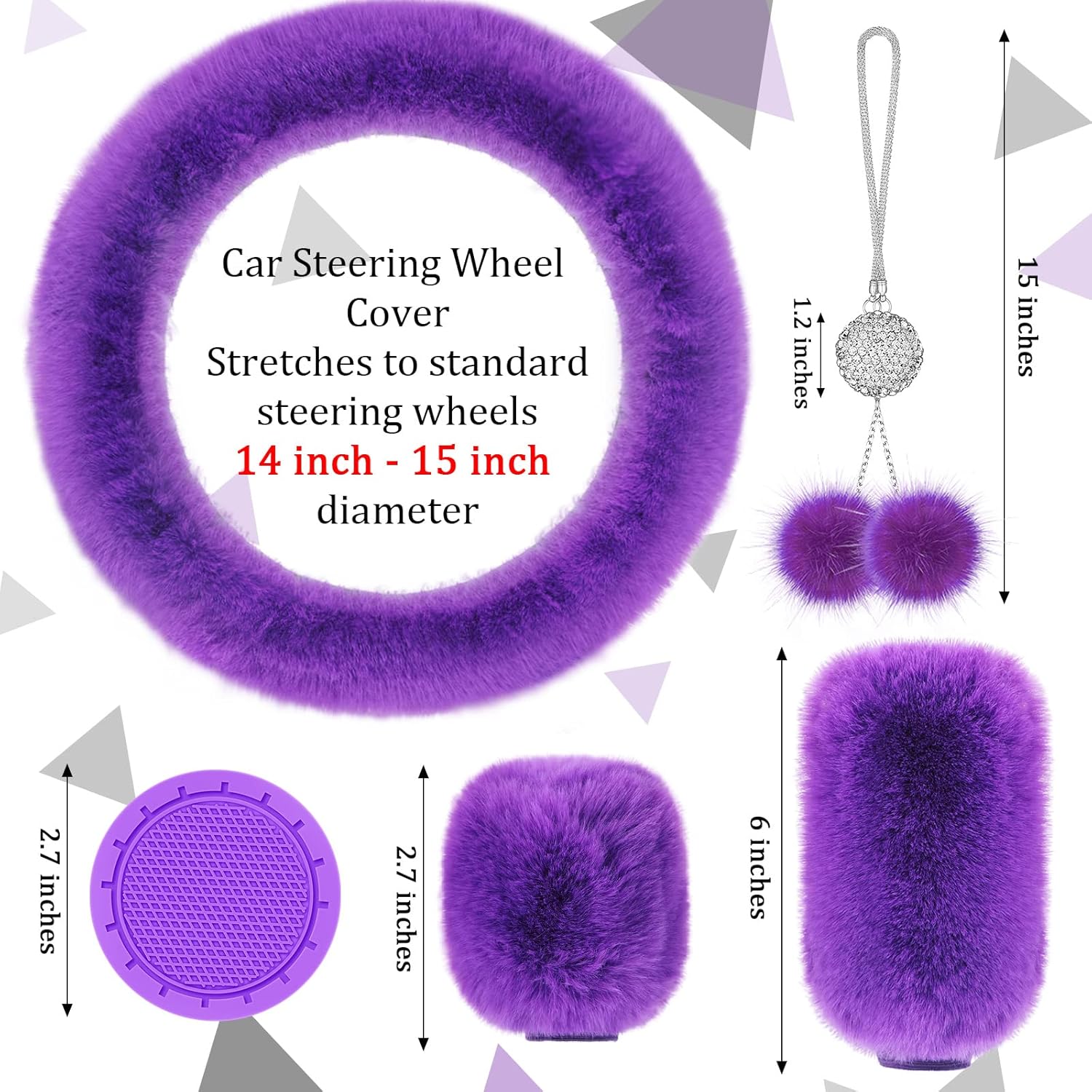 Frienda 6 Pieces Fluffy Car Accessories Set Bling Fluffy Steering Wheel Cover Soft Fuzz Handbrake Gear Shift Cover Bling Mirror Fuzz Car Pad Decoration