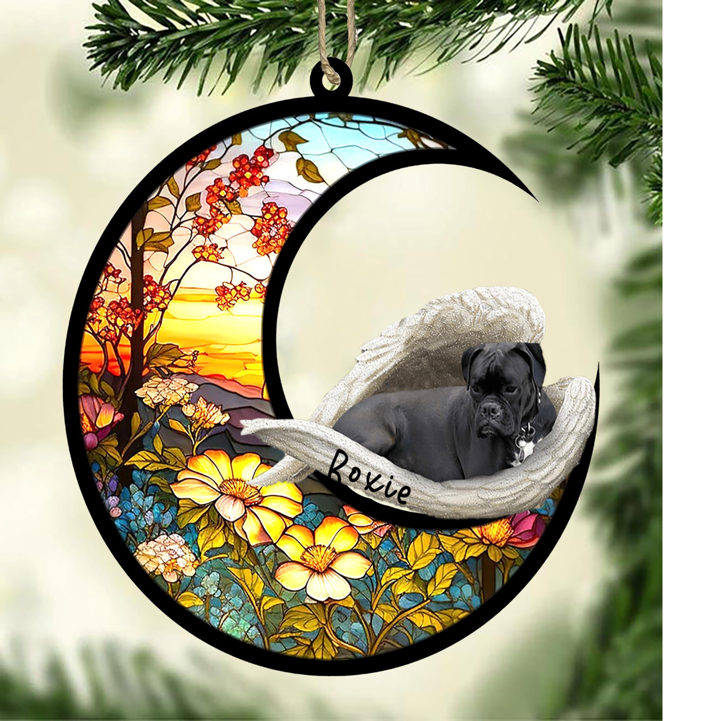 Personalized Boxer(Black) Dog Memorial Suncatcher, Boxer(Black) Christmas Ornament with Name, Pet Loss Catcher, Gifts for Dog Lovers Loss of Dog, Boxer(Black) Sleep on Haven