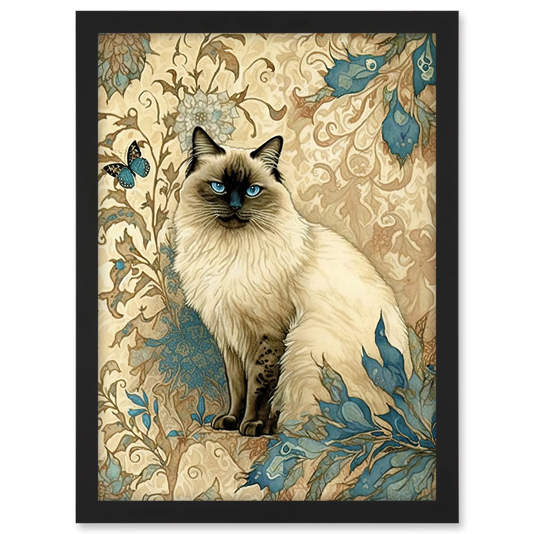 Artery8 Blue Point Ragdoll Cat with Teal Plants Art Nouveau Watercolour Illustration Artwork Framed A3 Wall Art Print