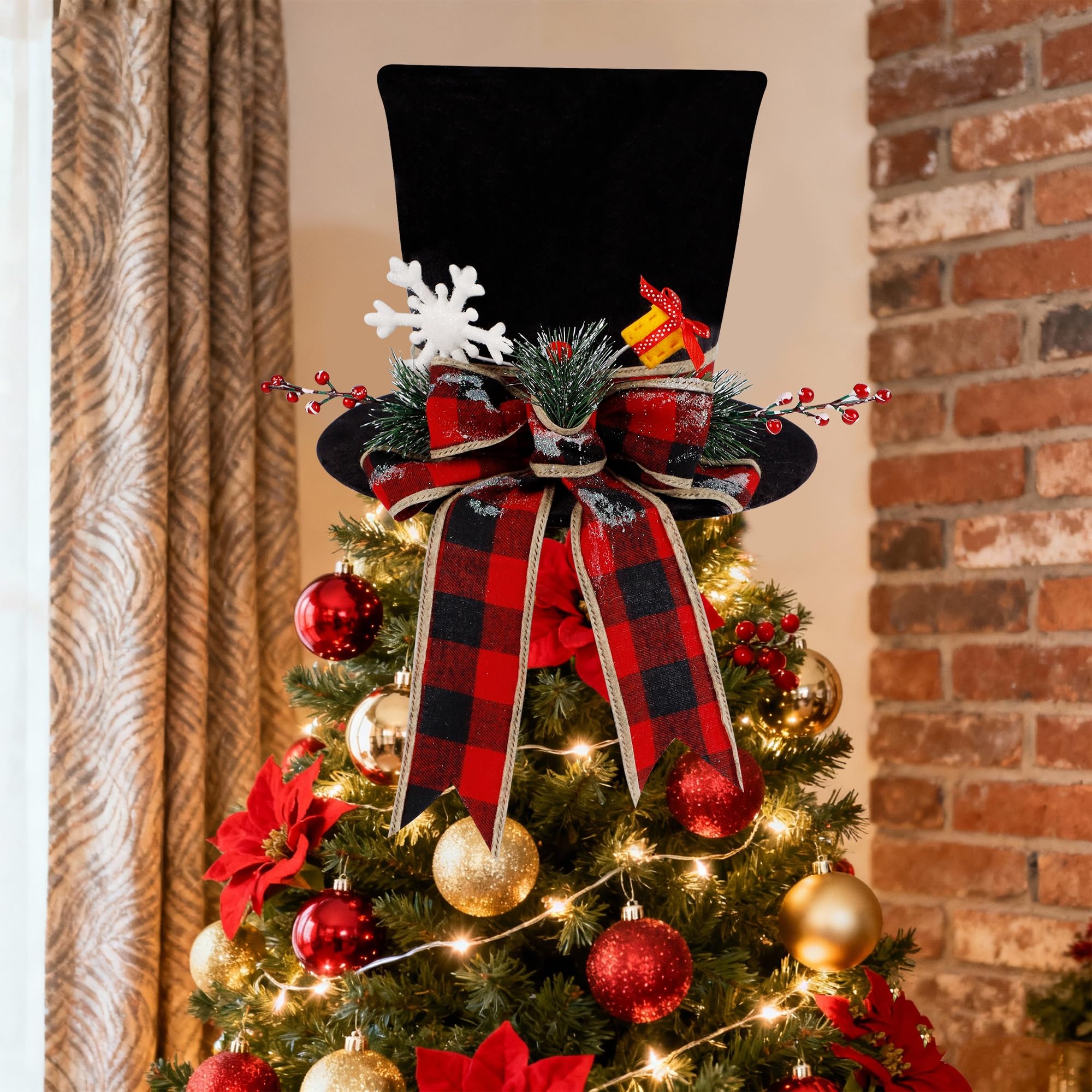 yofit Chapeau de Sapin de Noël, Chapeau en Velours Noir avec nœud à Carreaux Rouges et Flocons de Neige, décoration de Sapin de Noël, décoration de Bureau pour la Maison, Les Vacances, la décoration