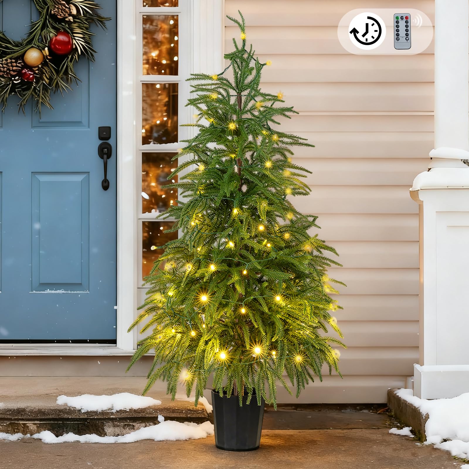 blosmon outdoor christmas trees for porch: 4 ft norfolk pine tree with 100 led lights remote control timer 8 lighting modes - small artificial cypress trees indoor table top decor