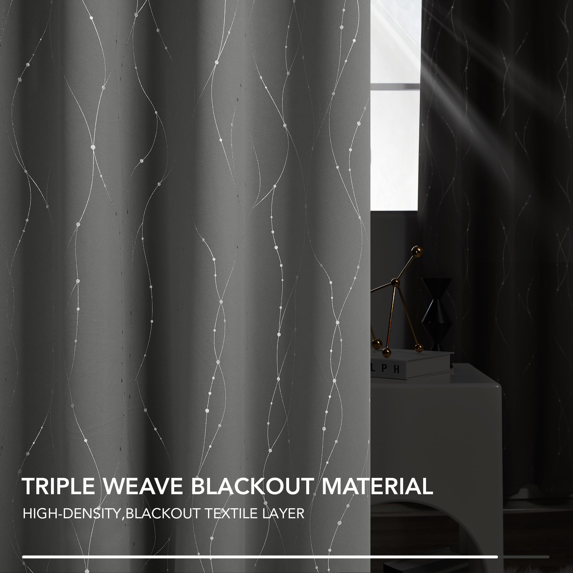 Deconovo Decorative Silver Dotted Line Foil Printed Blackout Curtains Thermal Insulated Curtains Eyelet Curtains for Baby Nursery 52 x 54 Inch Light Grey 2 Panels - 5