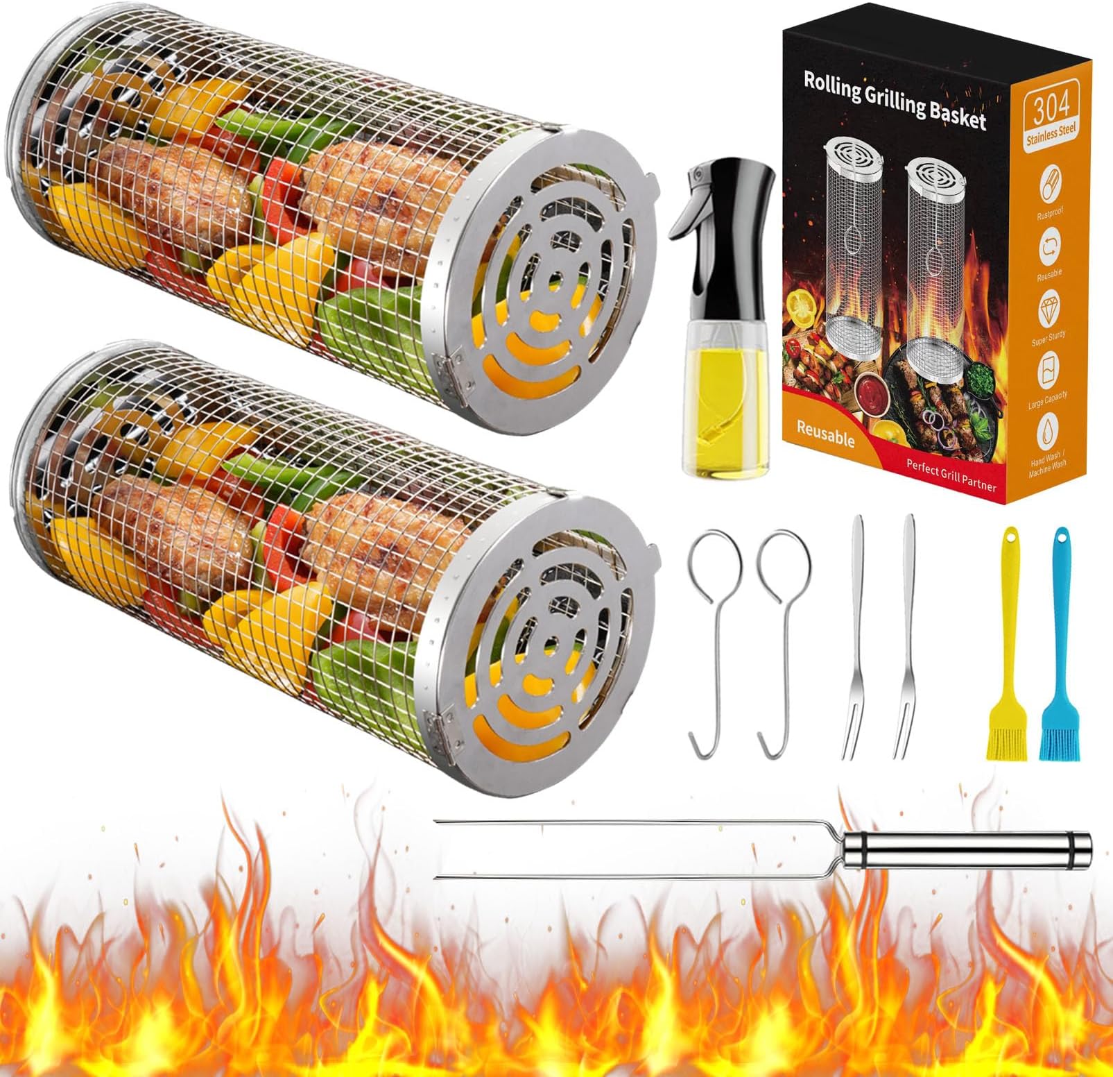 2 Pcs Rolling BBQ Grilling Basket Barbeque Grill Basket with Hooks