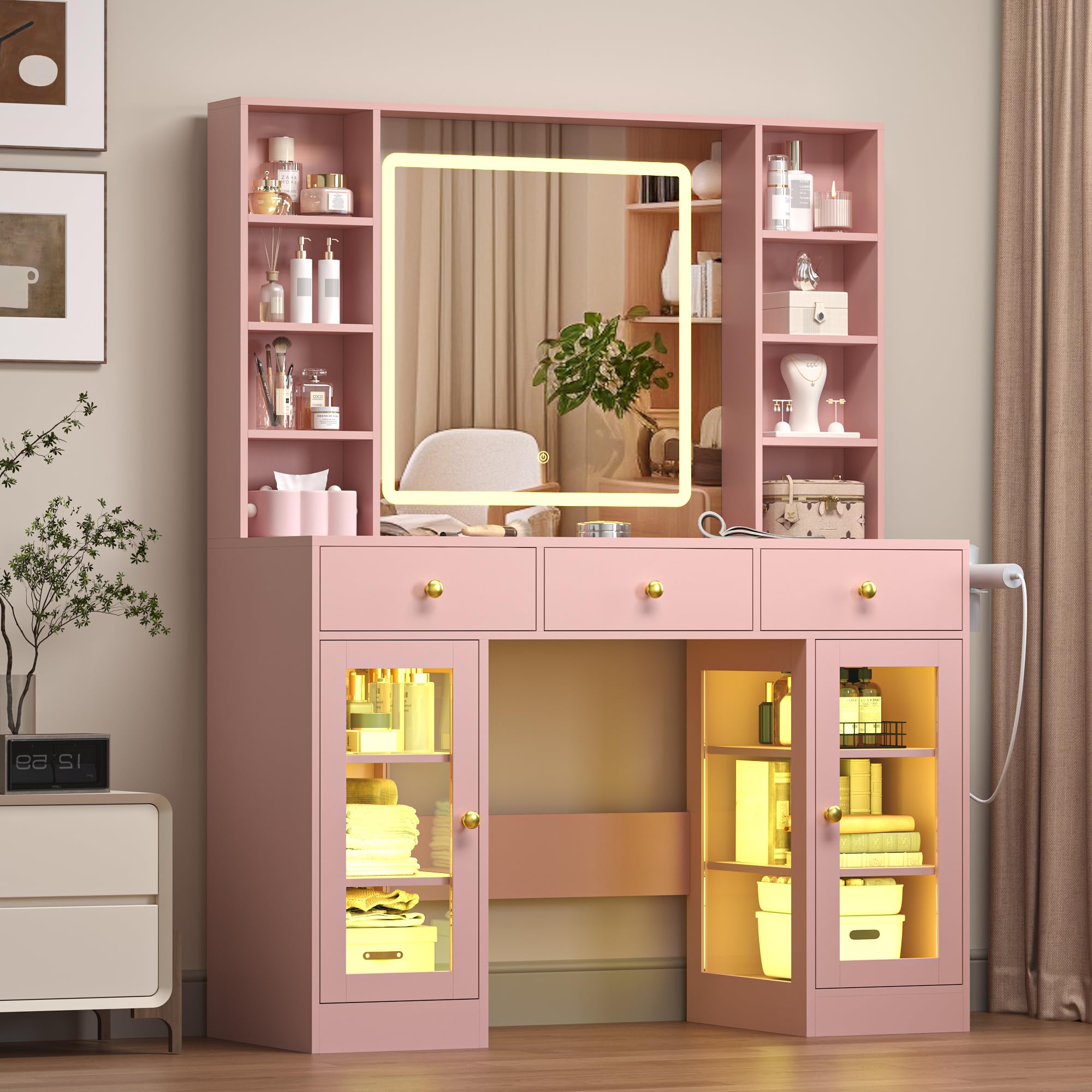 Vanity Desk with Mirror and Lights, White Makeup Vanity with Glass Top & Drawers, 3 Lighting Modes, Power Outlet, RGB Glass Cabinets, Modern Dressing Table for Girls, Women, Teens