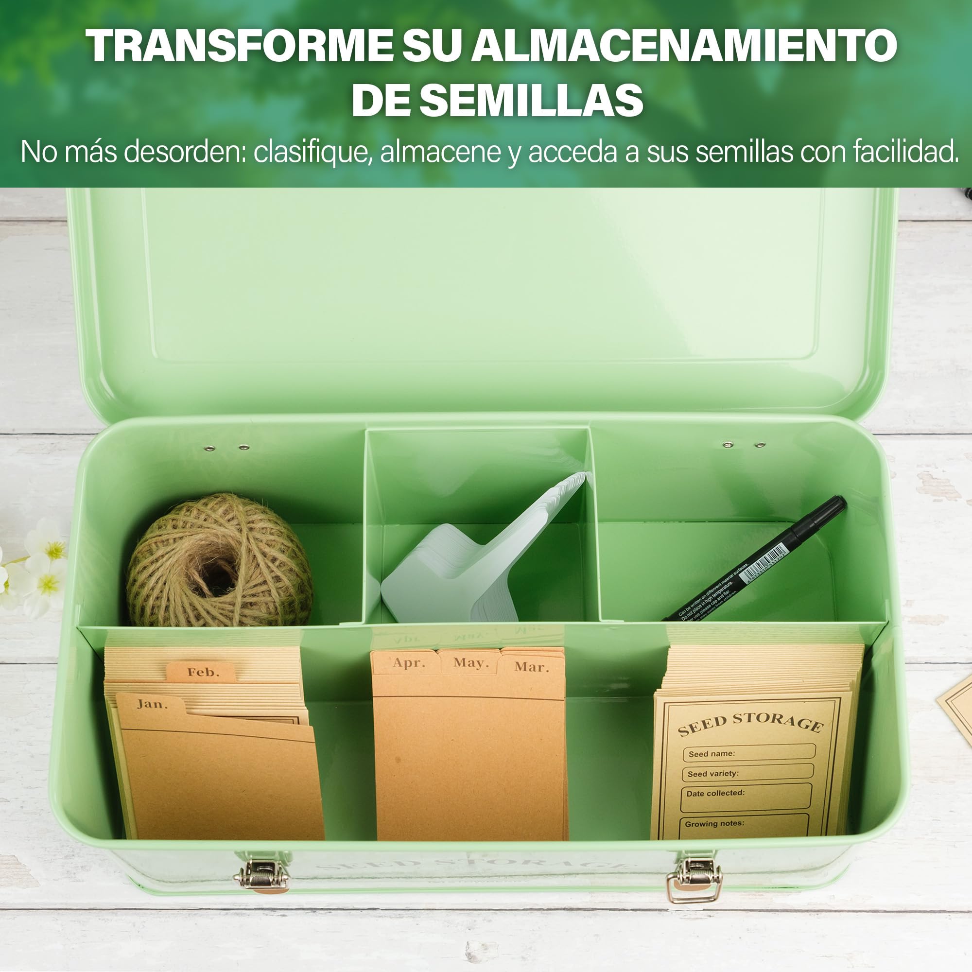 Caja organizadora para almacenar semillas: caja para semillas de jardín con tapa, asas y 4 compartimentos, contenedor para paquetes de semillas, ideal para regalar en jardinería