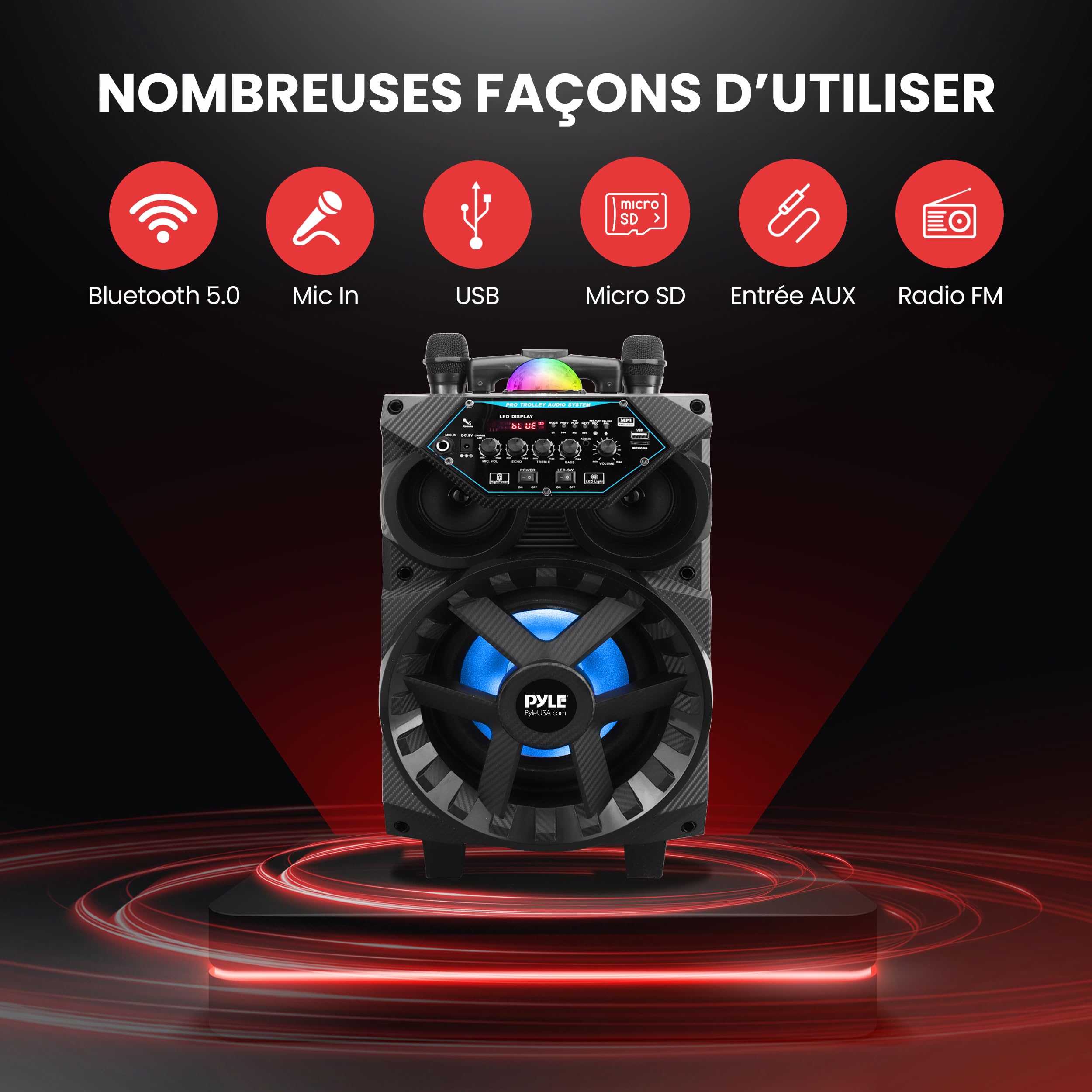 Pyle Enceinte Bluetooth Puissante 580W, Haut-Parleur sans Fil avec Basses Puissantes, LED Rythmiques, Micro Filaire (2), Sono Portable True Wireless, Karaoké, Événements Extérieurs, Bluetooth Rapide