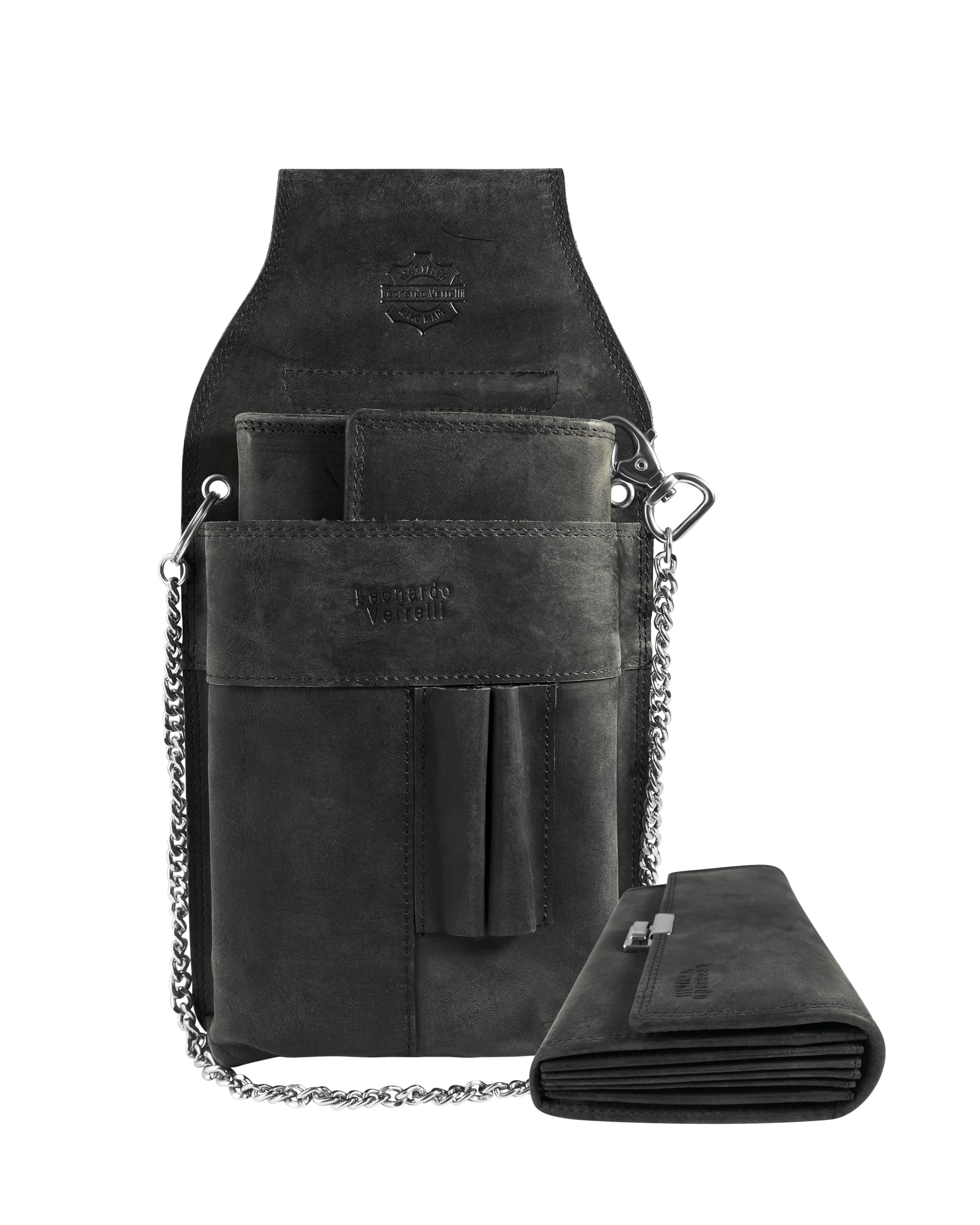 Kellner Geldbörse aus Leder, Kellnerbörse, Geldbeutel, Damen Herren Portemonnaie mit oder ohne Holster, Steck-Tasche, mit Kette und großem Münzfach (Echtleder Hunterstil - Schwarz)