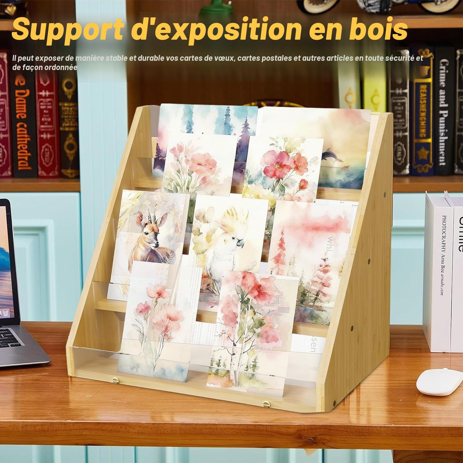 4 Niveau Presentoir Carte Postale en Bambou, Présentoir Support Carte pour Vente au Détail D'Autocollants Livre Visite Bureau Beige