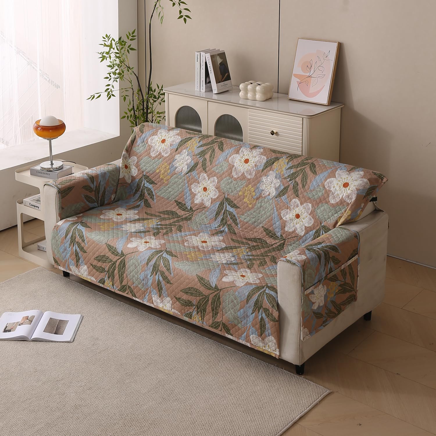 House of Quirk Polyester Sofa Cover Mat - Anti-Slip, Waterproof Couch Protector for Pets - Machine Washable Furniture Protector (Beige Botanica, 175x170cm, Three Seater)-image-22