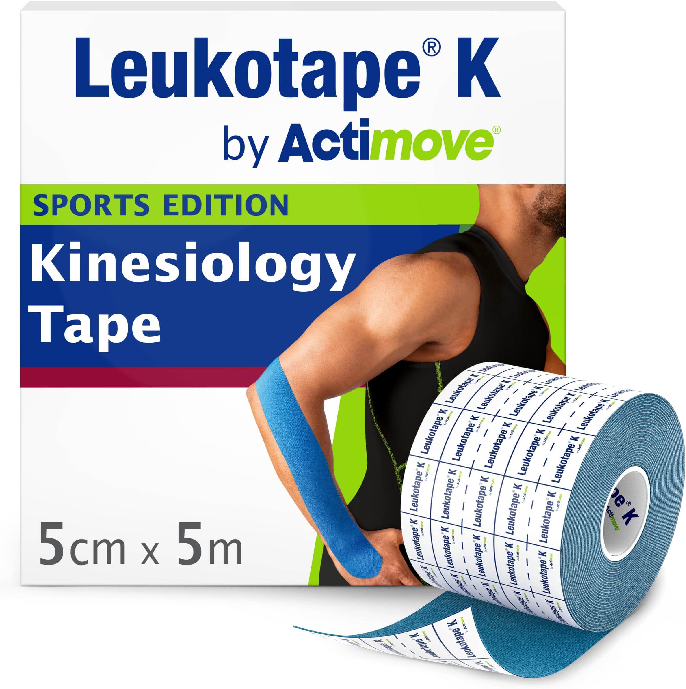 Leukotape K by Actimove Sports Edition Kinesiology Tape for Muscle Support and Pain Relief, 5cm x 5m, Blue, 1 Roll