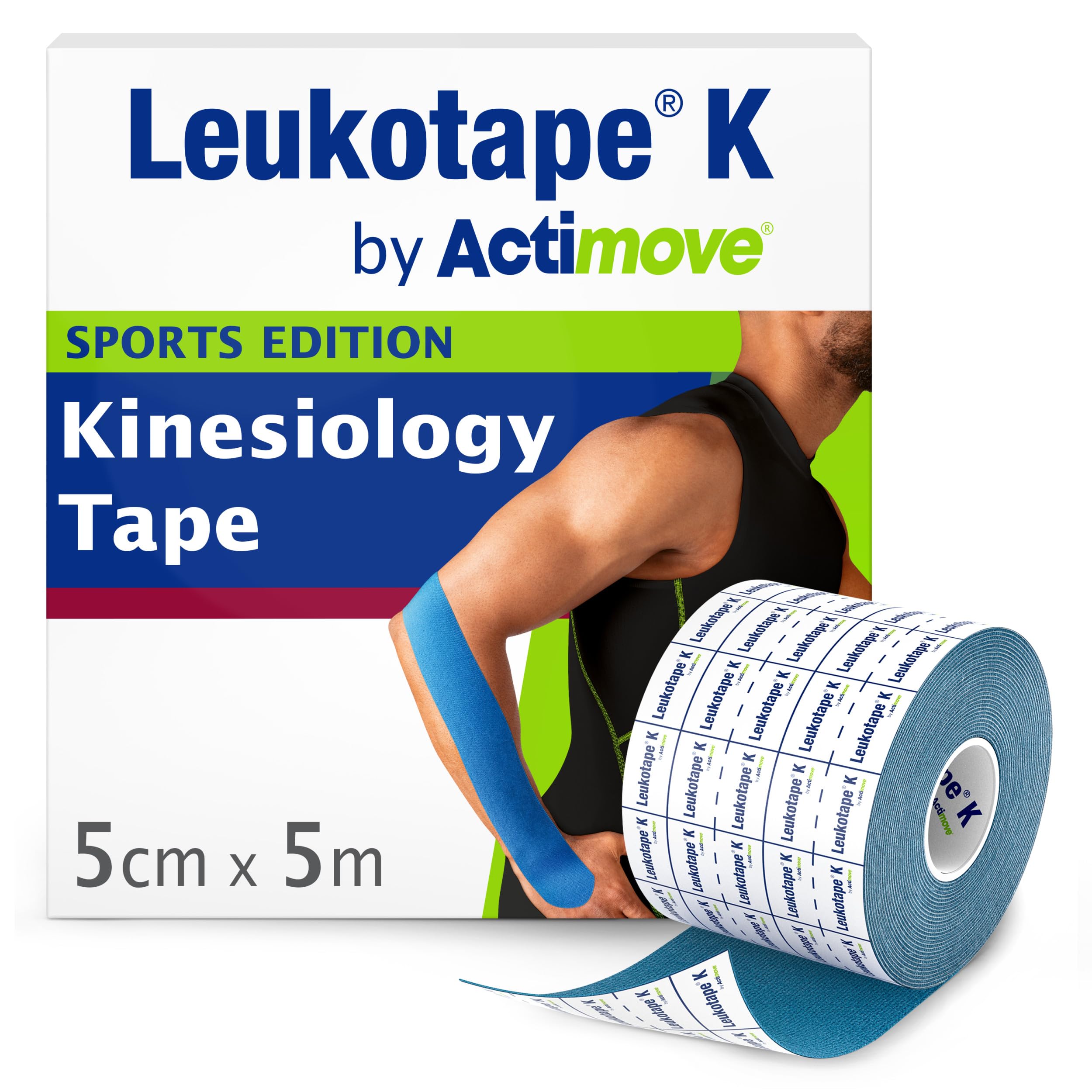 Leukotape K by Actimove Sports Edition Kinesiology Tape for Muscle Support and Pain Relief, 5cm x 5m, Blue, 1 Roll