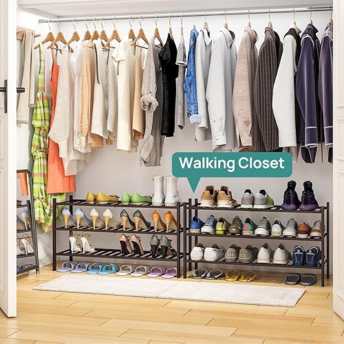 Vista 131 de Zapatero de bambú negro de 4 niveles para entrada, apilable, plegable, natural, organizador de zapatos para armario de pasillo, zapateros de pie