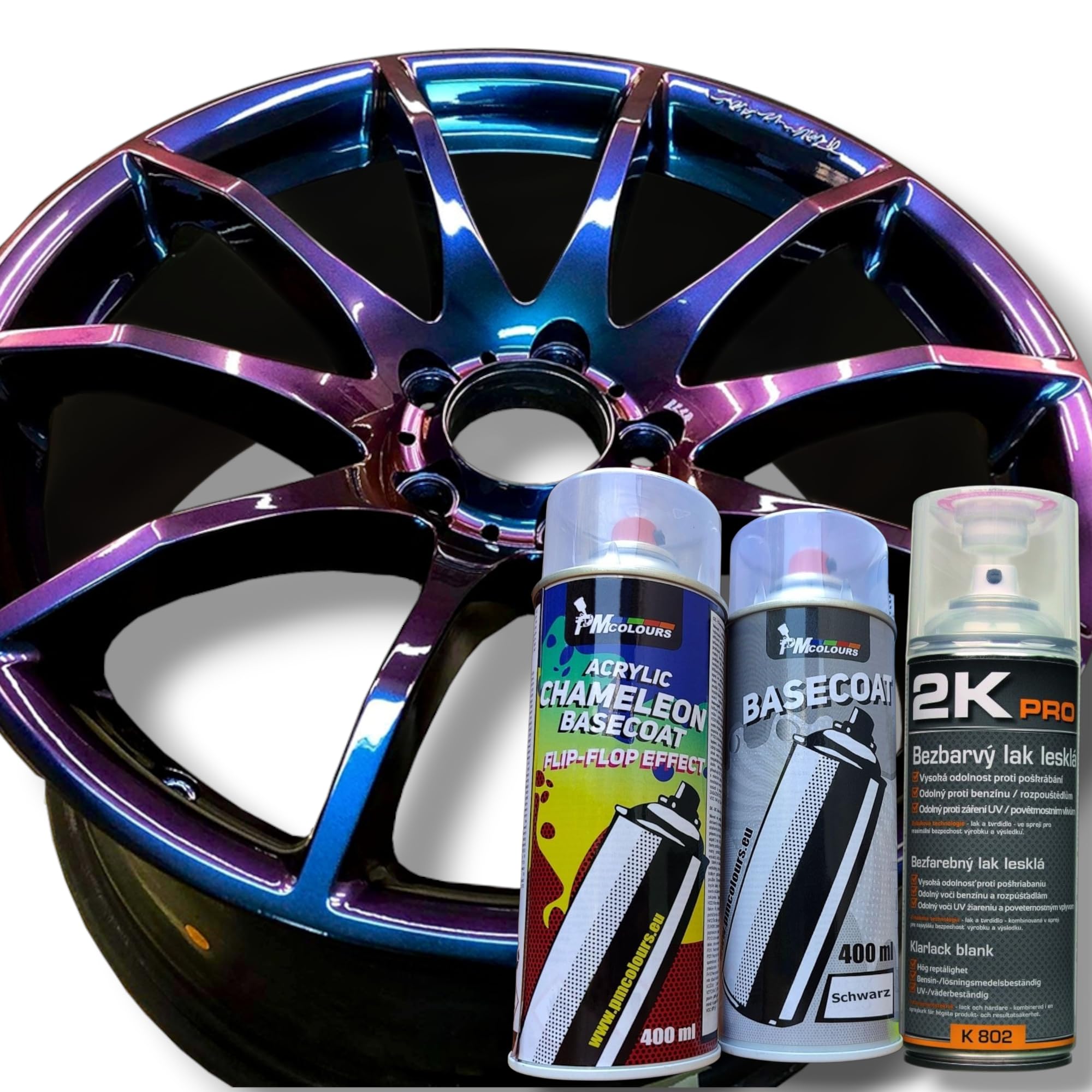 Flip-Flop Vernice Effetto Multicolore Camaleonte ECLIPSE (blu-viola-arancio-rosso) Spray 400 ml + Base Nera e Trasparente 2K (Set 3×400 ml, Totale 1200 ml)