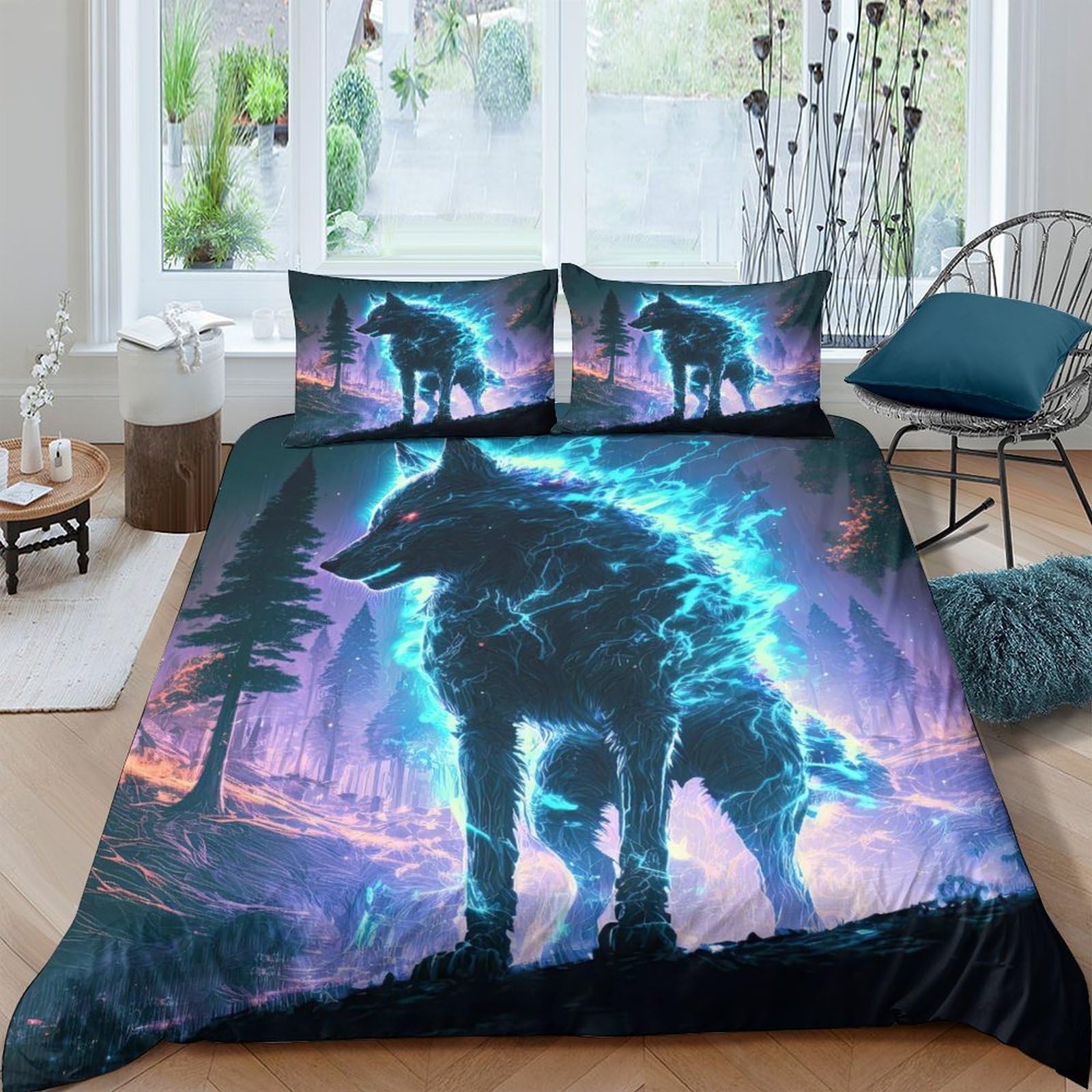 Ctjqhvkz Style-5 3D Printed Blue Wolf Forest Fitted Sheet Microfiber Soft Breathable Sunset Art Mattress Cover Bedroom Decor Single（135X200cm）