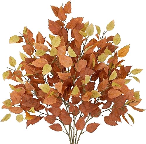 Miniatura 1 de Tallo de hojas de abedul artificiales de otoño, 6 piezas de tallos largos de vegetación de otoño de 33.4 pulgadas de alto, plantas falsas con ramas