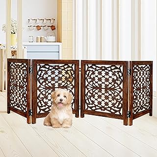 Lightnpro Foldable Carved Wooden Dog Gate with Stopper - Freestanding Indoor Pet Barrier for Home, Adjustable Dog Fence for Stairs, Doorways & Hallways - 24x72 Inch (4 Panels) Natural Burnt