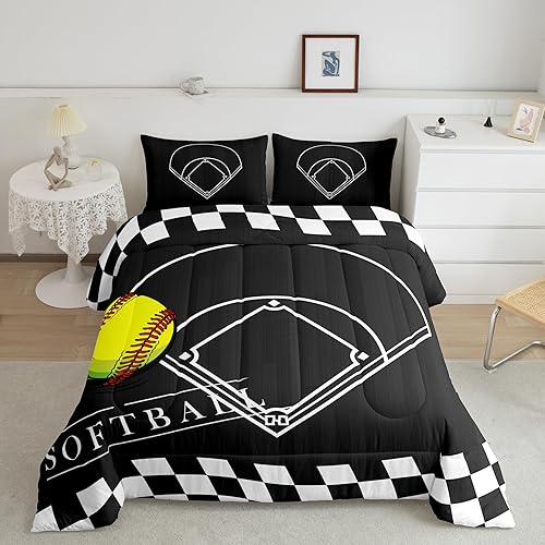 Miniatura 1 de Erosebridal Juego de ropa de cama de sóftbol para niños y niñas, juego de edredón de deportes de pelota, color negro y blanco, juego de edredón con