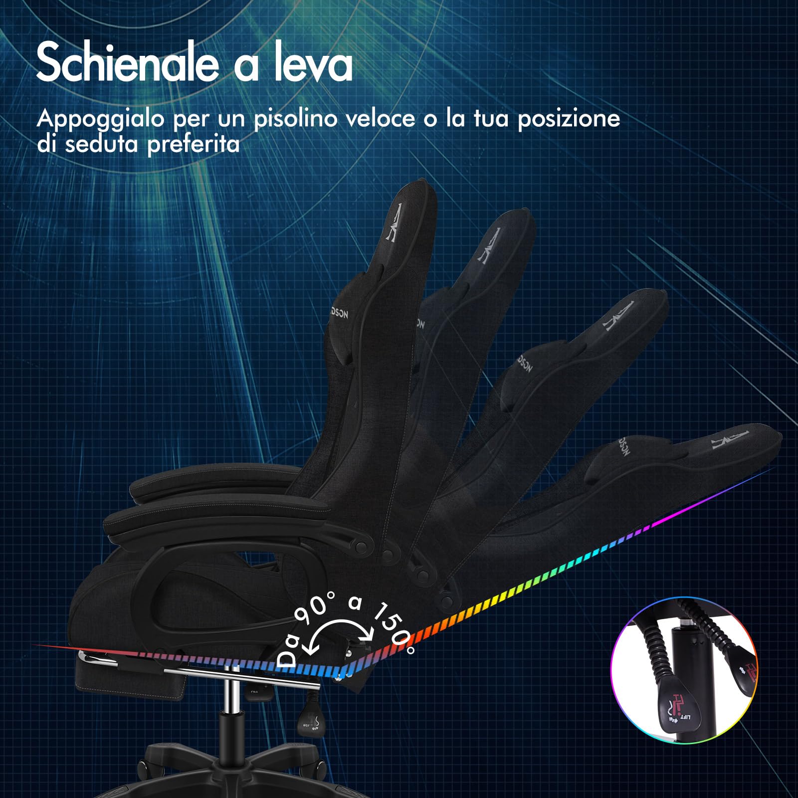 ALFORDSON Sedia da Gaming Massaggiante, Poggiapiedi Telescopico, Sedia Gamer con Cuscino Lombare & Poggiatesta, Ergonomico Sedie da Ufficio Schienale Regolabile 90-150°, Tessuto(Nera)