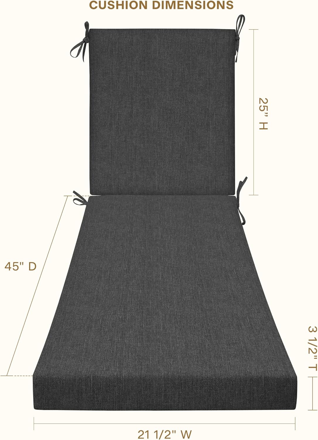 Honeycomb Outdoor Chaise Lounge Cushion for Patio Furniture, Water & Fade Resistant, Removable Cover, 21.5 x 70, Heritage Textured Solid Charcoal Grey
